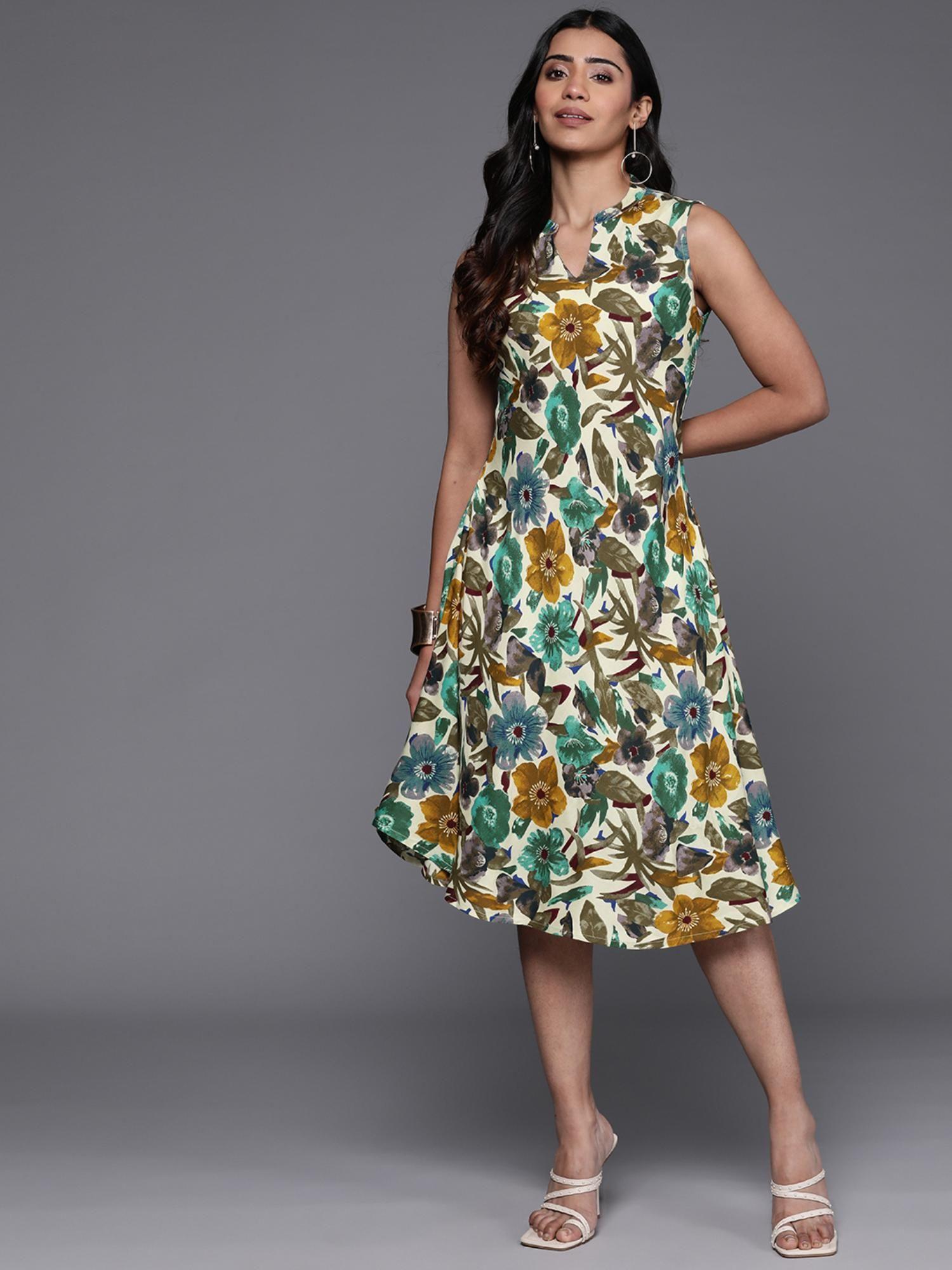 women off white floral printed sleeveless a line knee dress