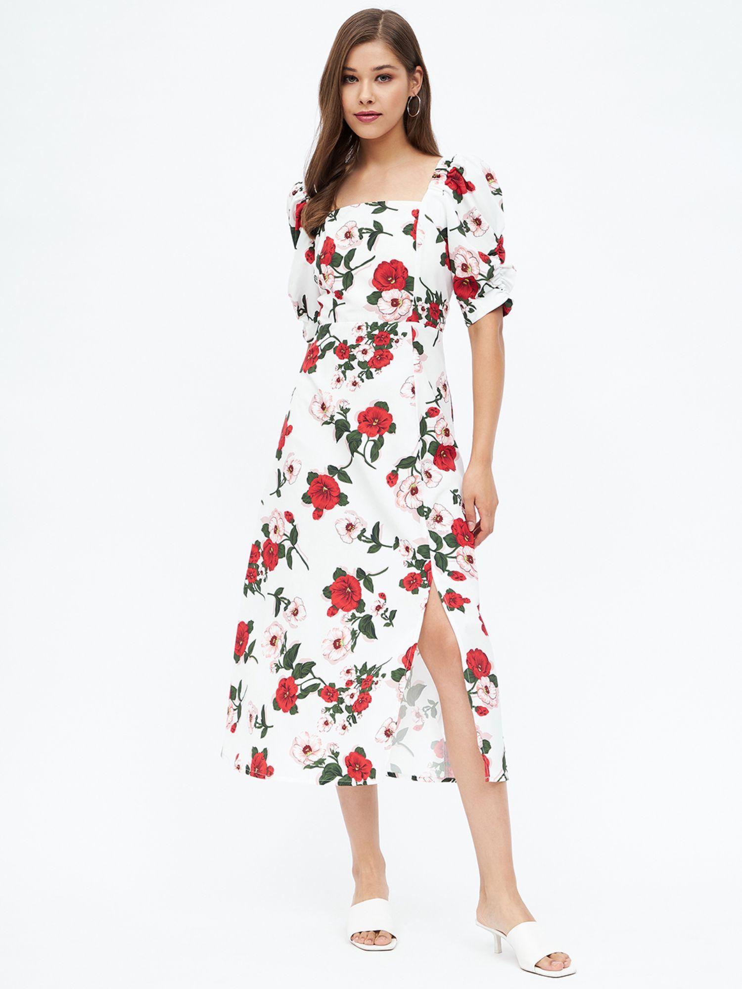 women off white floral printed square neck puff sleeves midi dress