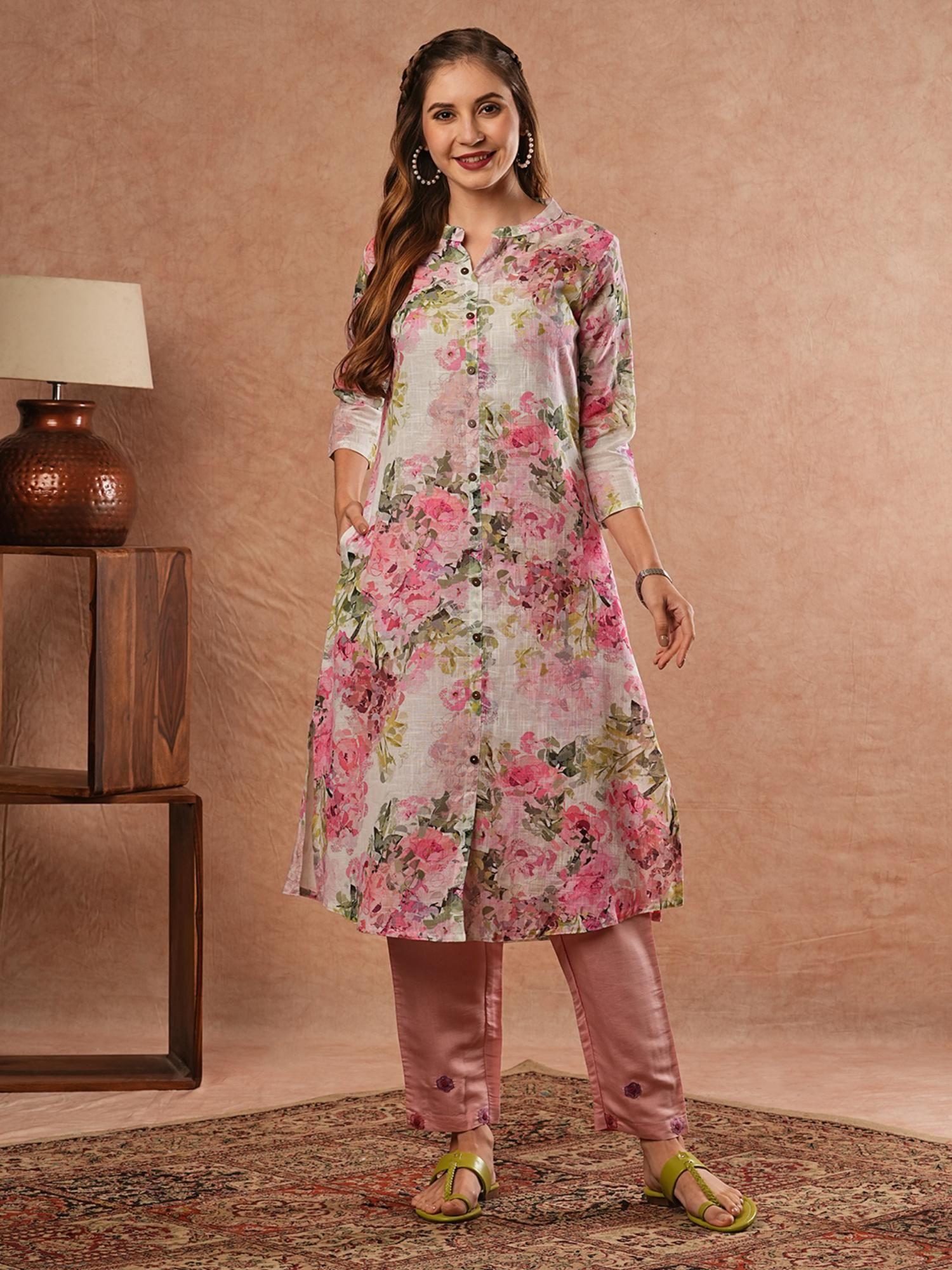 women off white floral printed straight fit cotton kurta