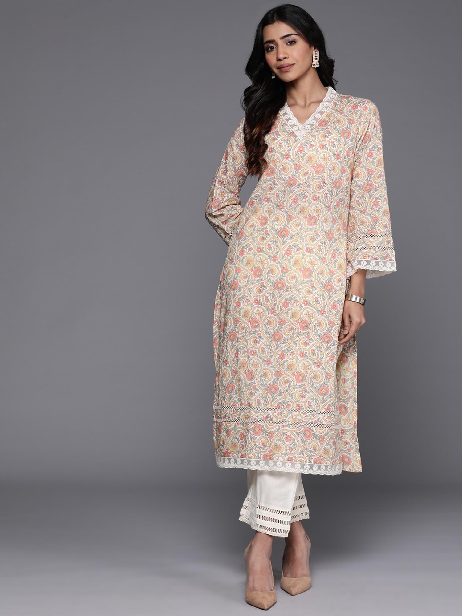 women off white floral printed straight kurta