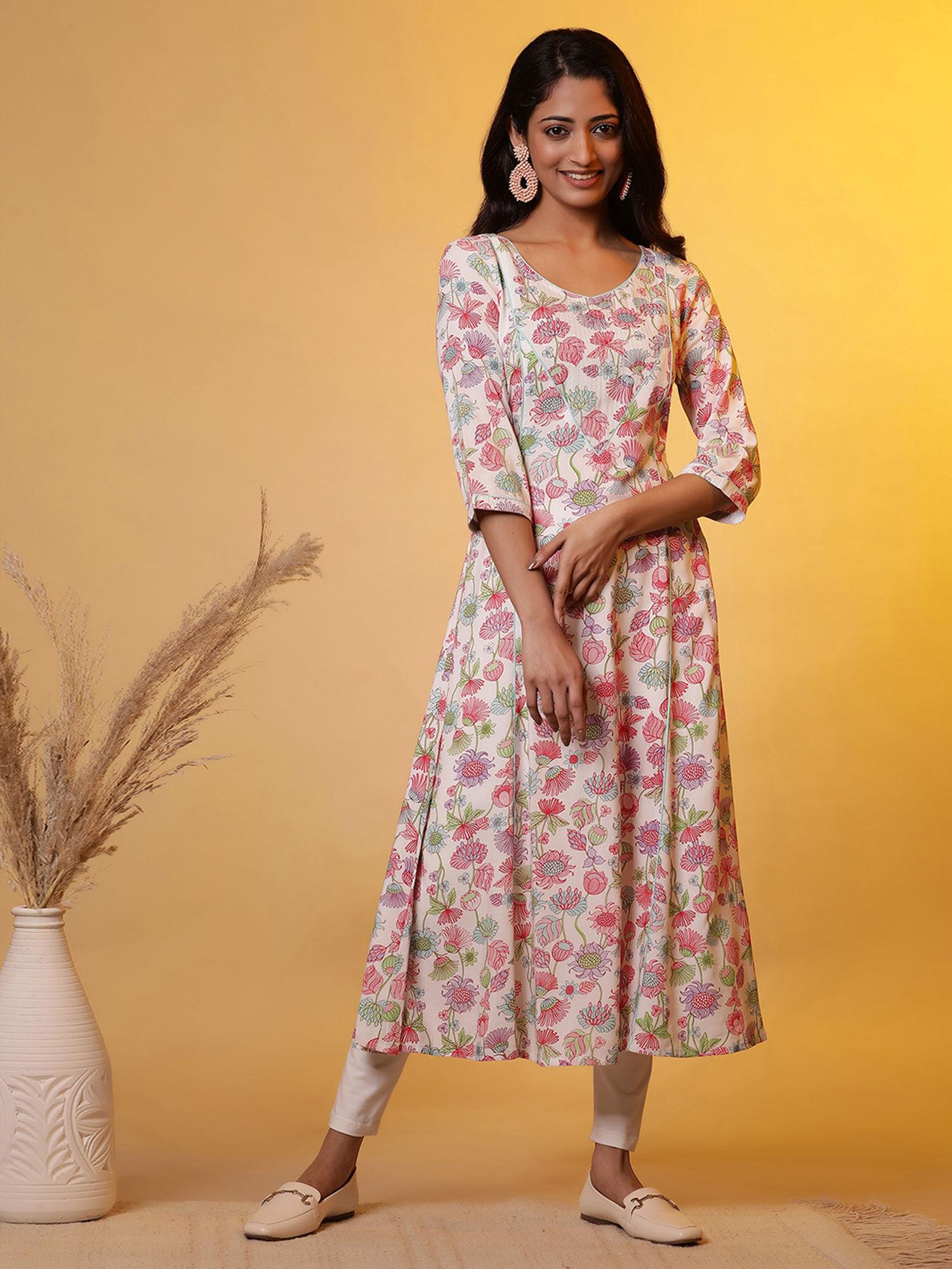 women off white floral rayon kurta