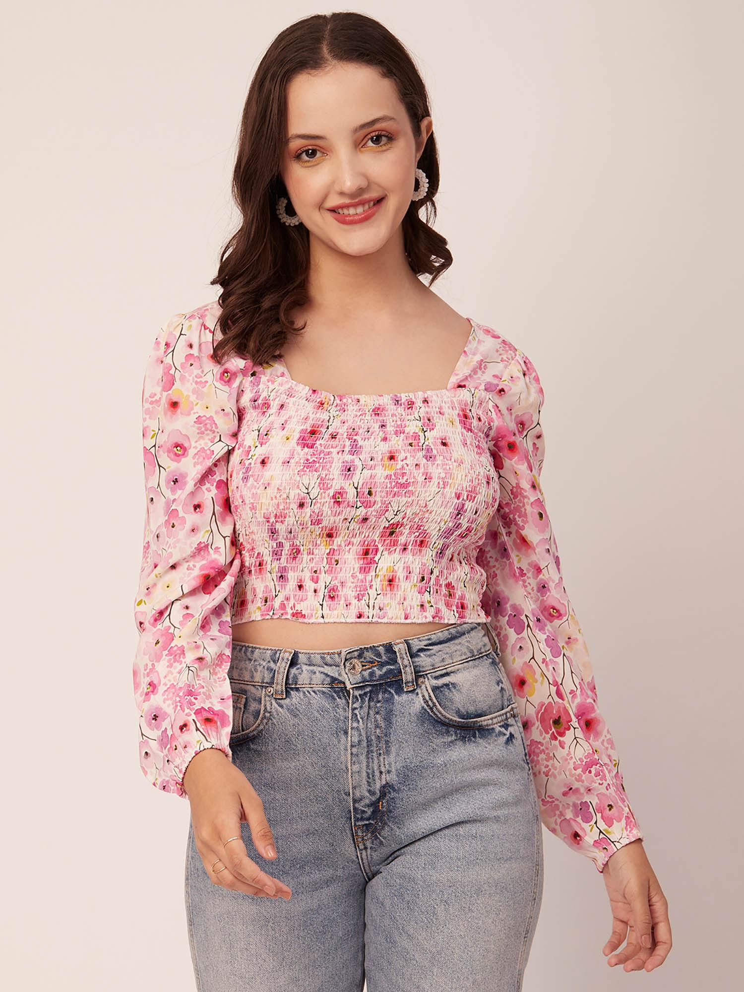 women off white floral square neck crop top