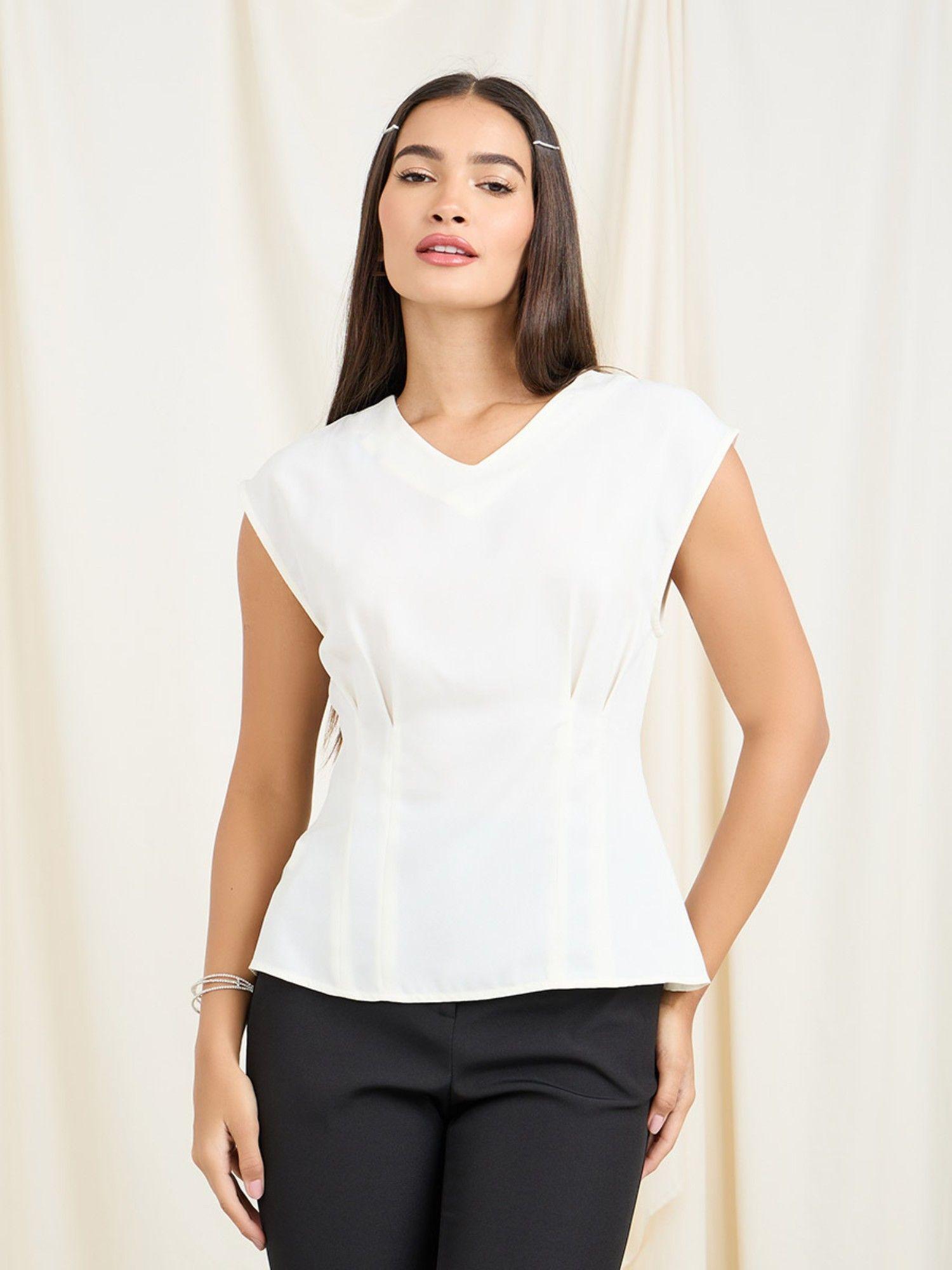 women off white fold pleat detail v-neck blouse