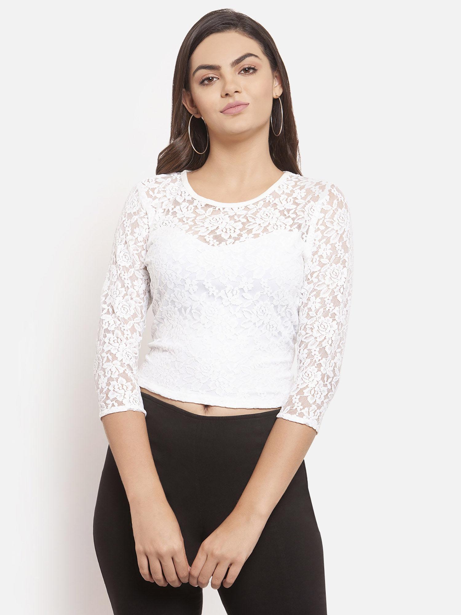 women off white lace crop top