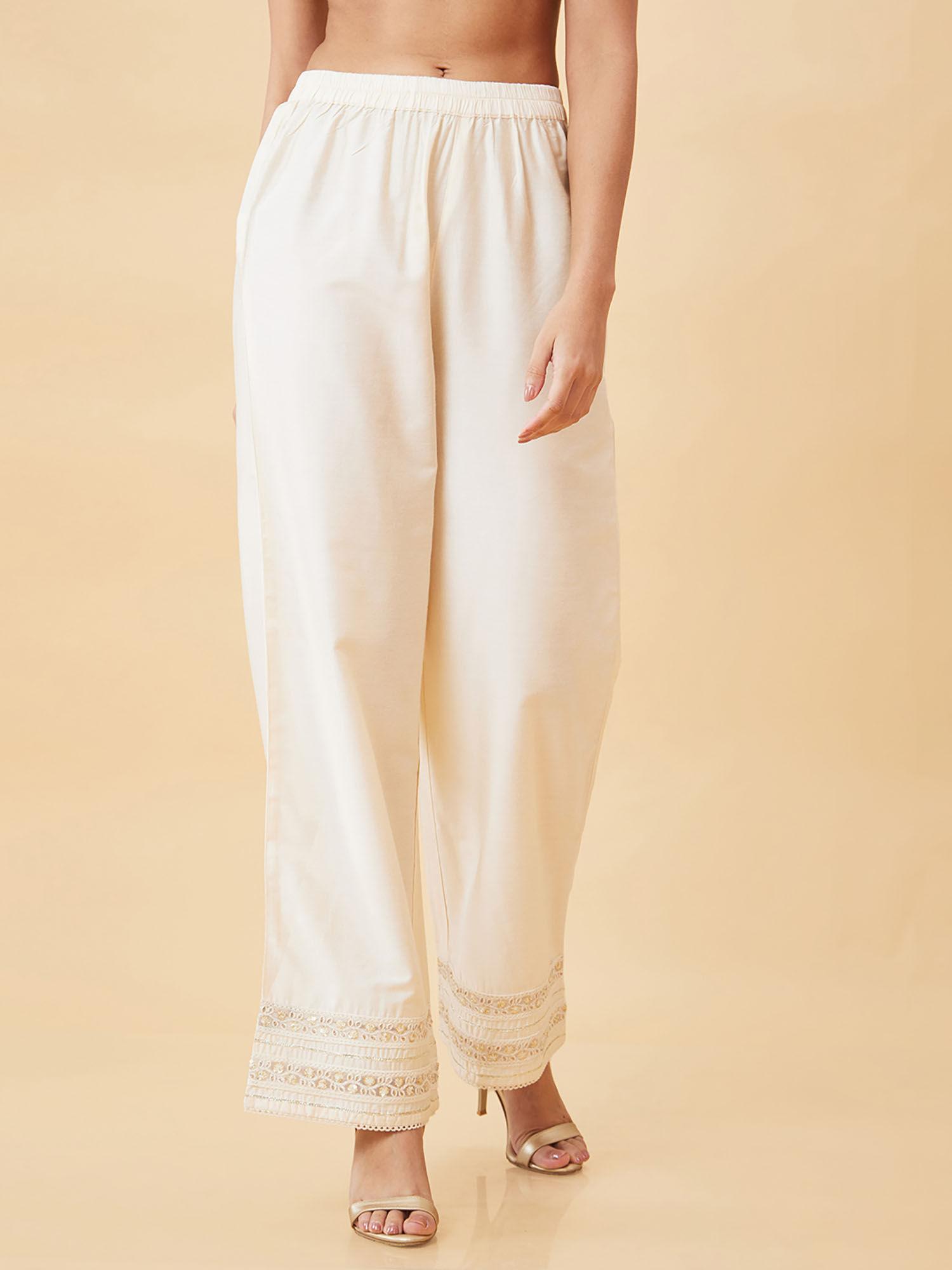 women off-white lace hem design elasticated waist straight palazzos