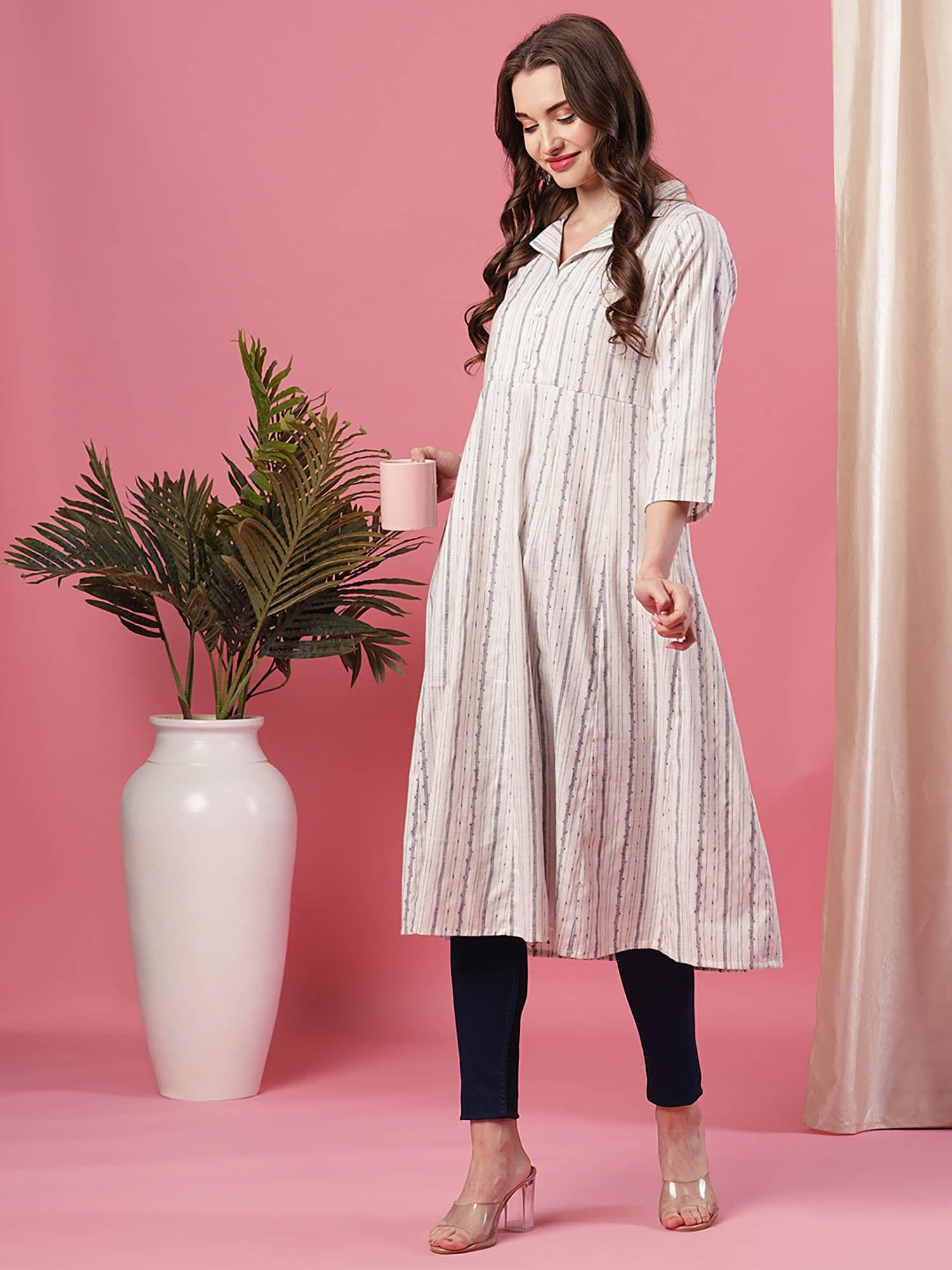 women off white lapel collar yarn-dyed a-line kurta