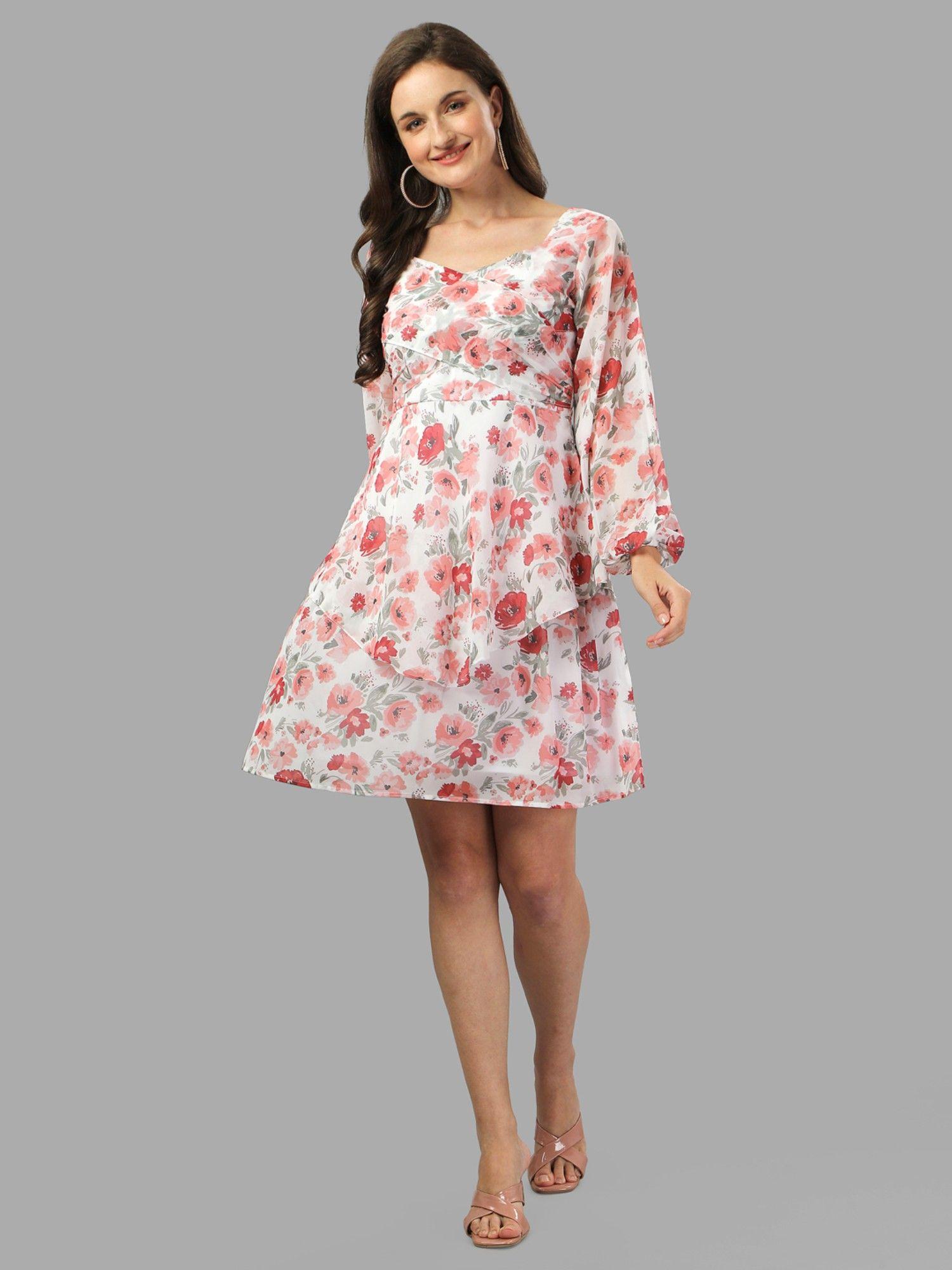 women off white pink floral georgette dress