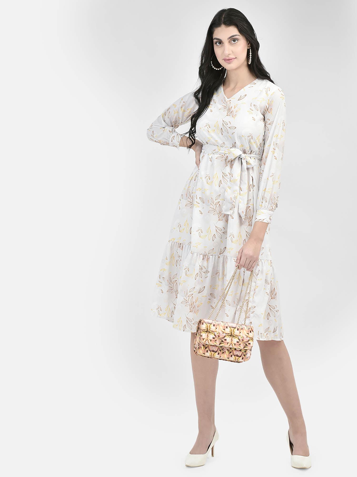 women off white printed knee length dress