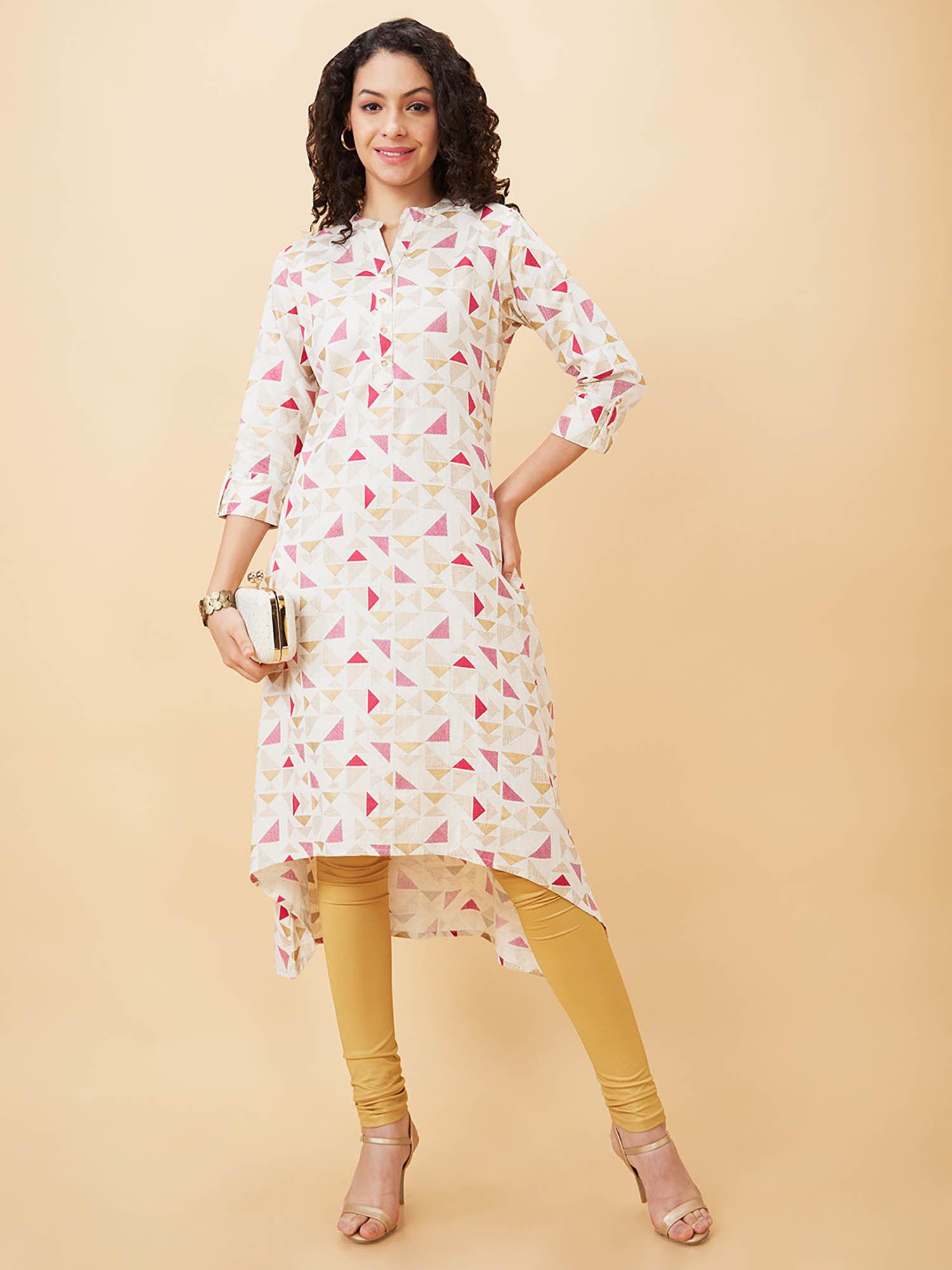 women off white printed mandarin collar a-line kurta