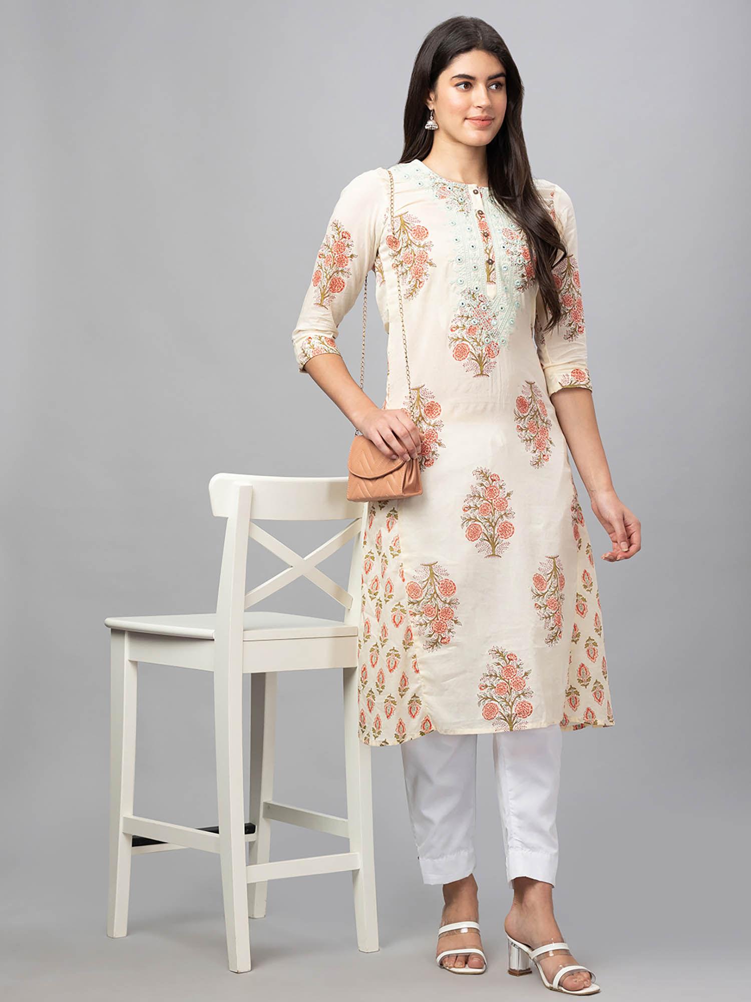 women off white printed round neck three fourth sleeves panelled aline kurta