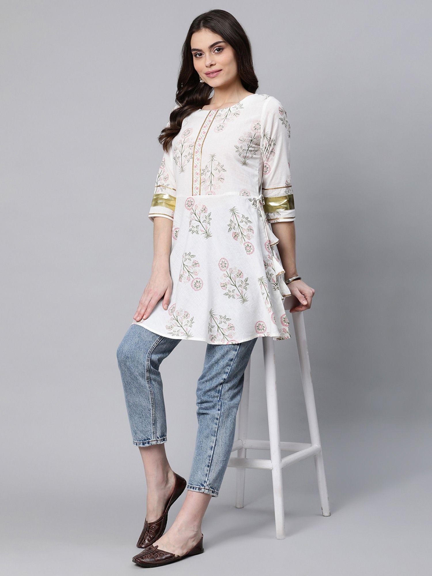 women off white pure cotton floral printed tunic