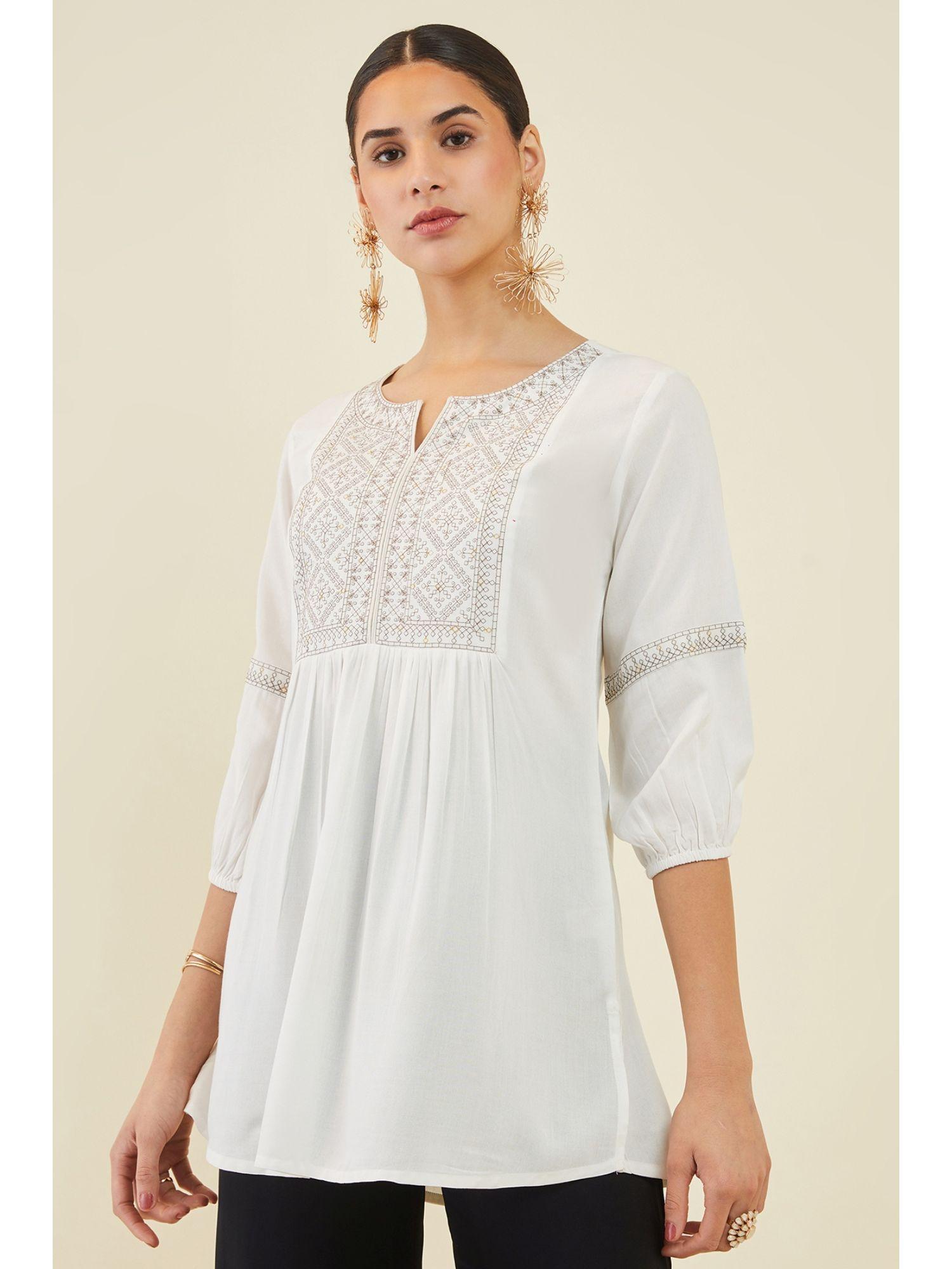 women off white rayon embroidered tunic