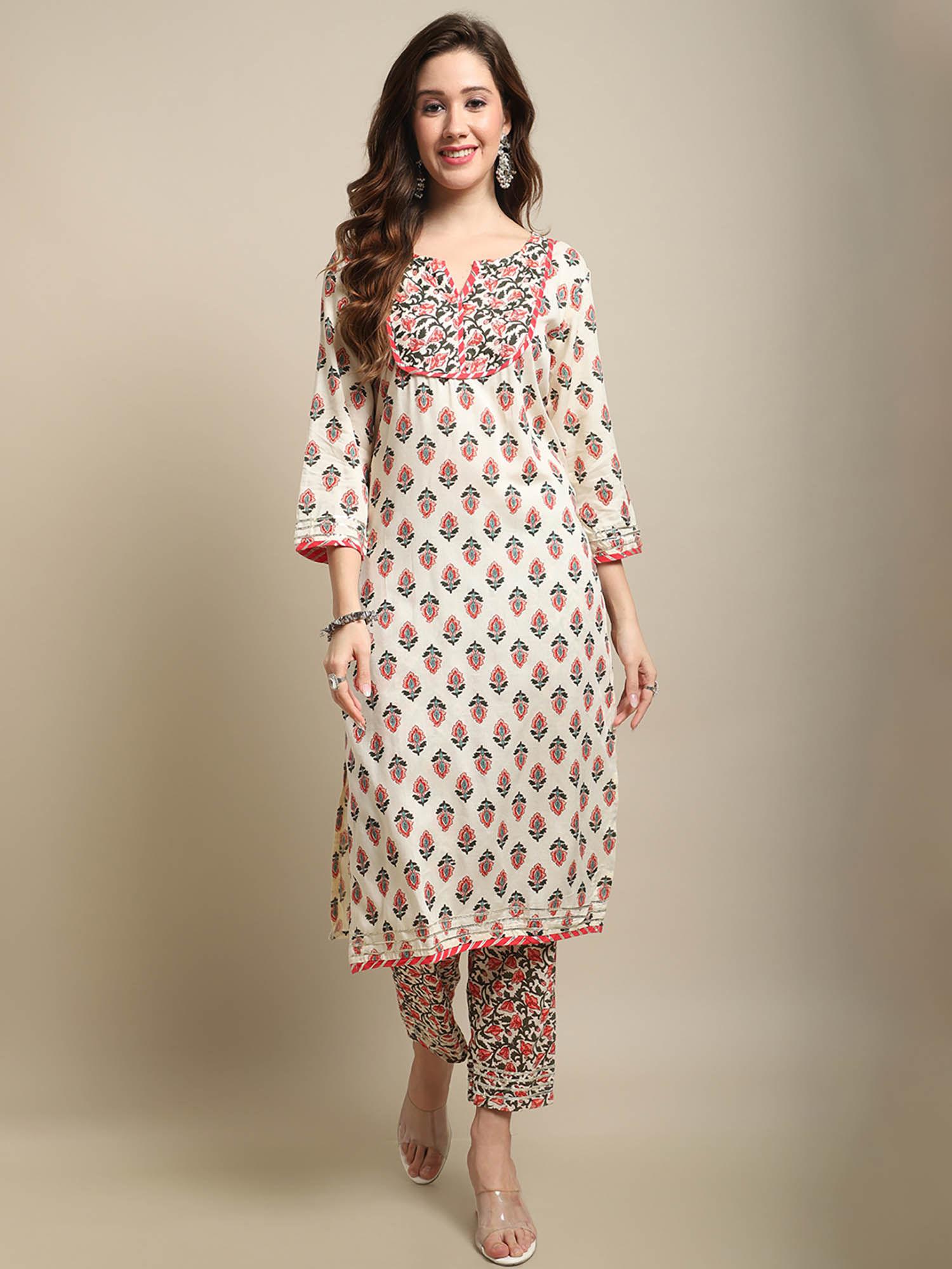 women off white rayon kurta with trouser (set of 2)