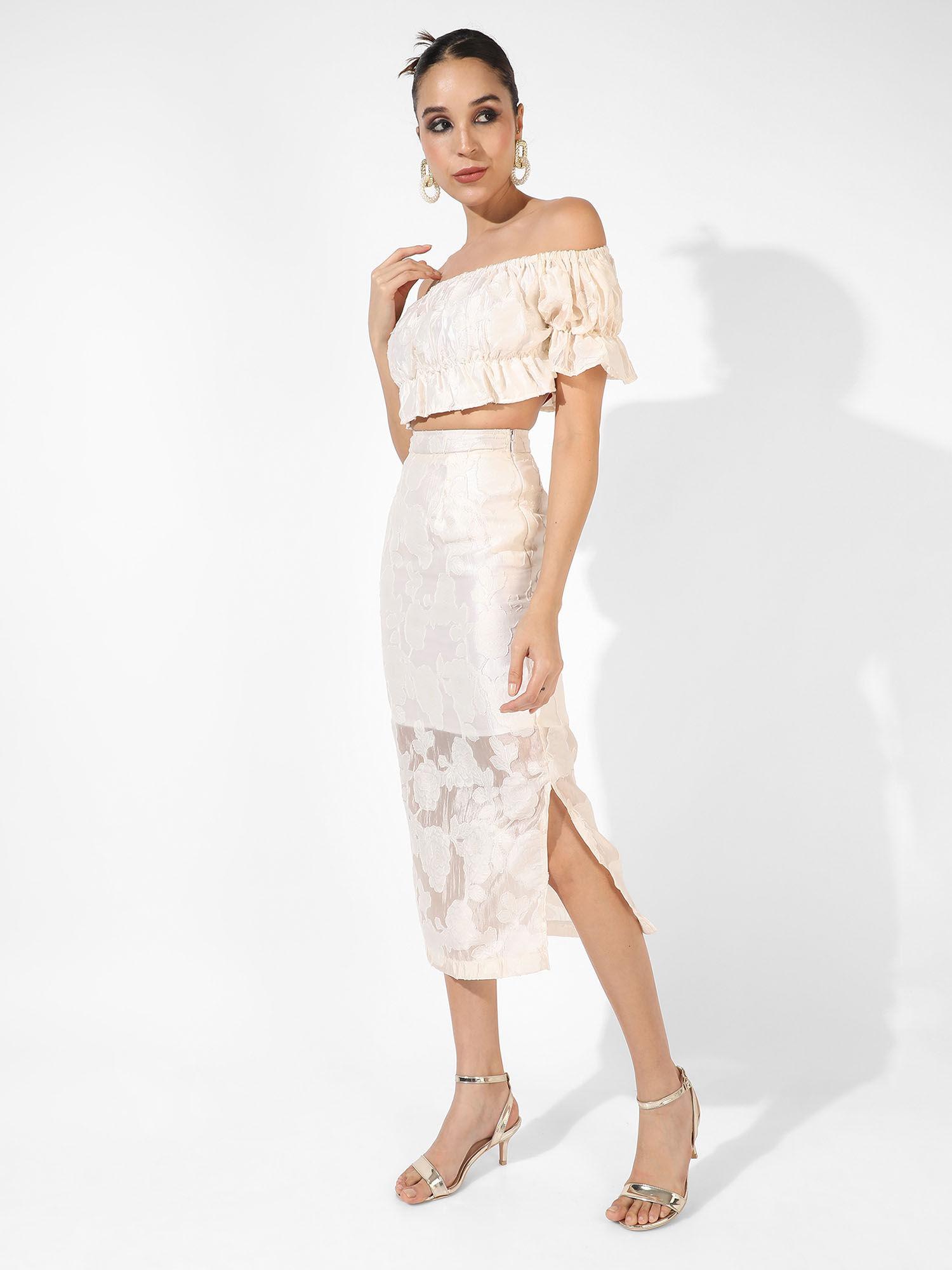 women off-white ruffled co-ord (set of 2)