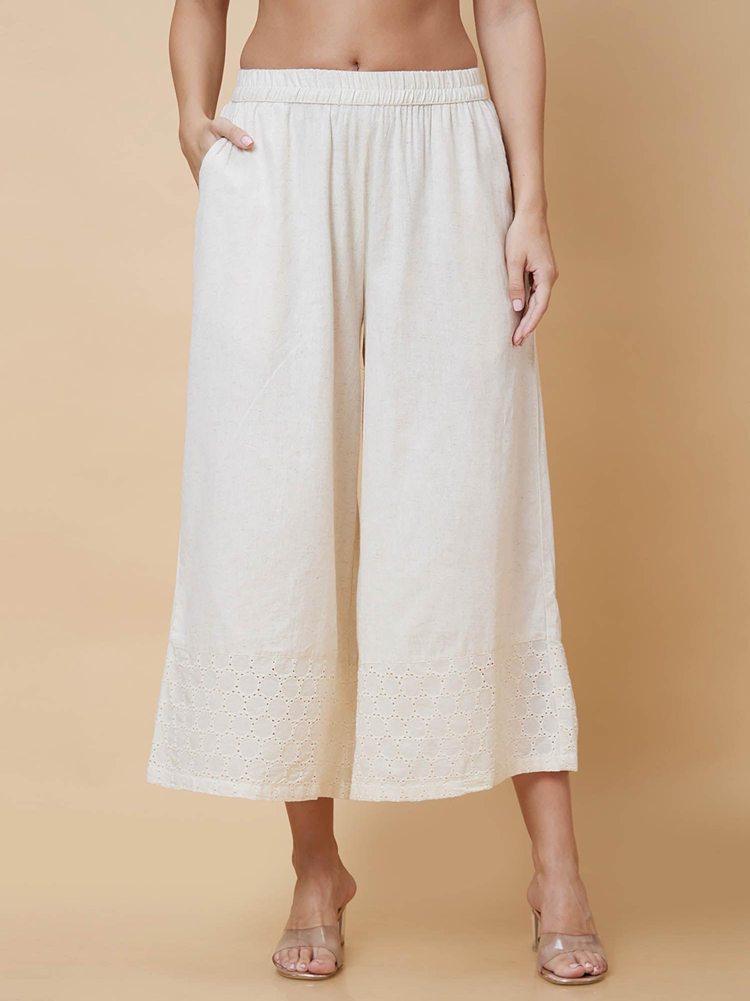 women off-white solid lace hem wide palazzo