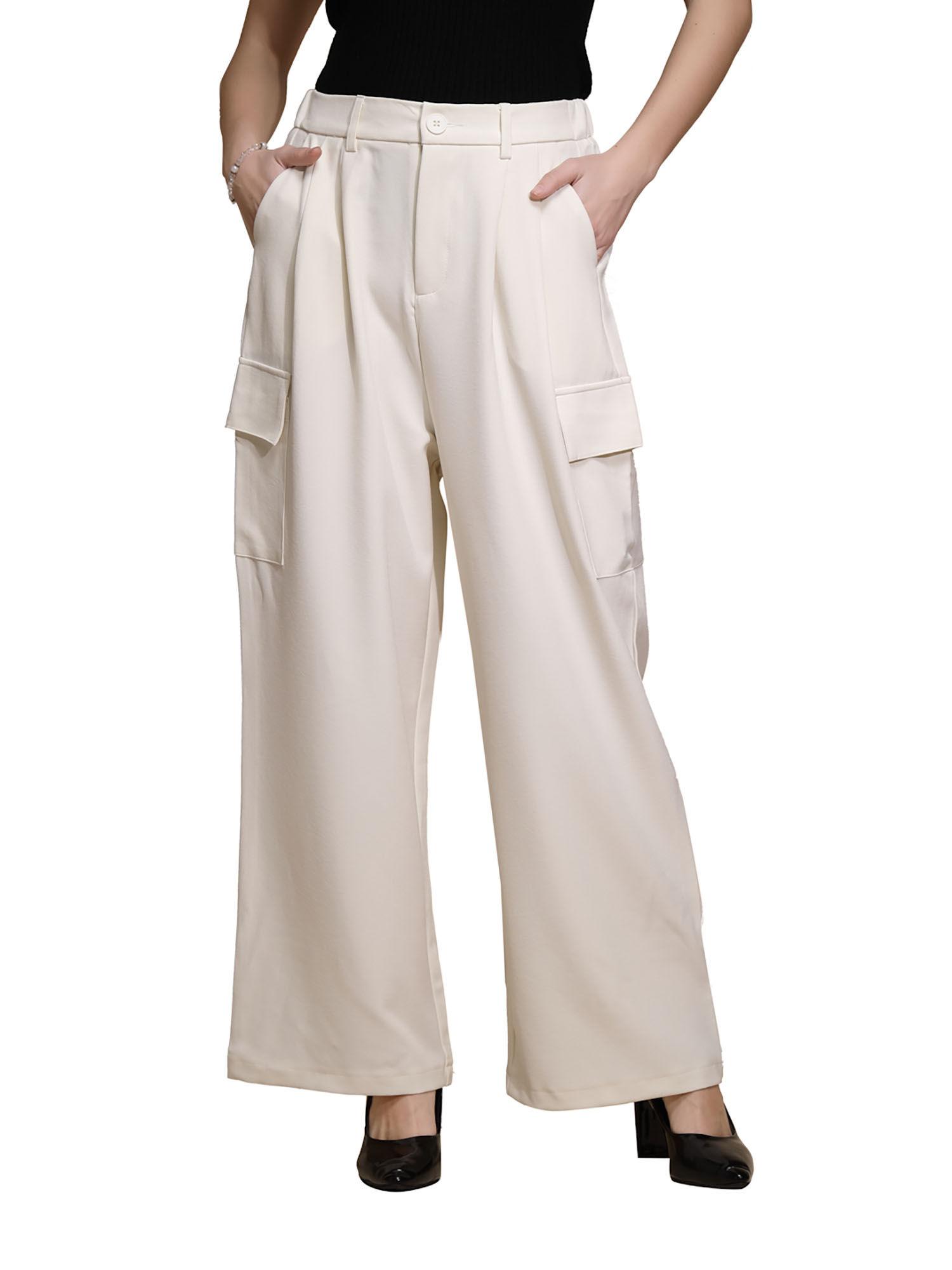 women off white solid mid rise trouser