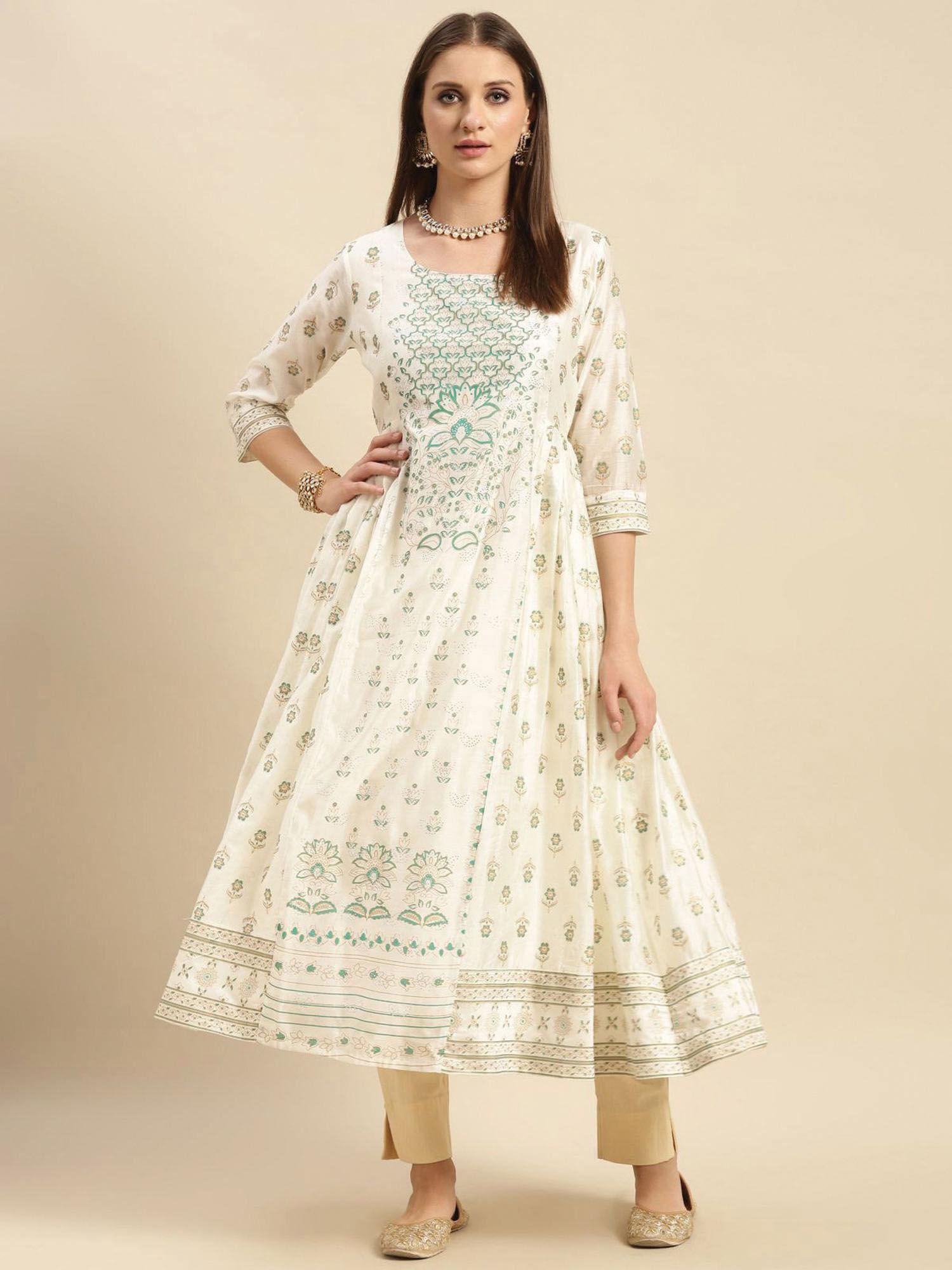 women off white stone work placement printed partywear kurta with gathers at side