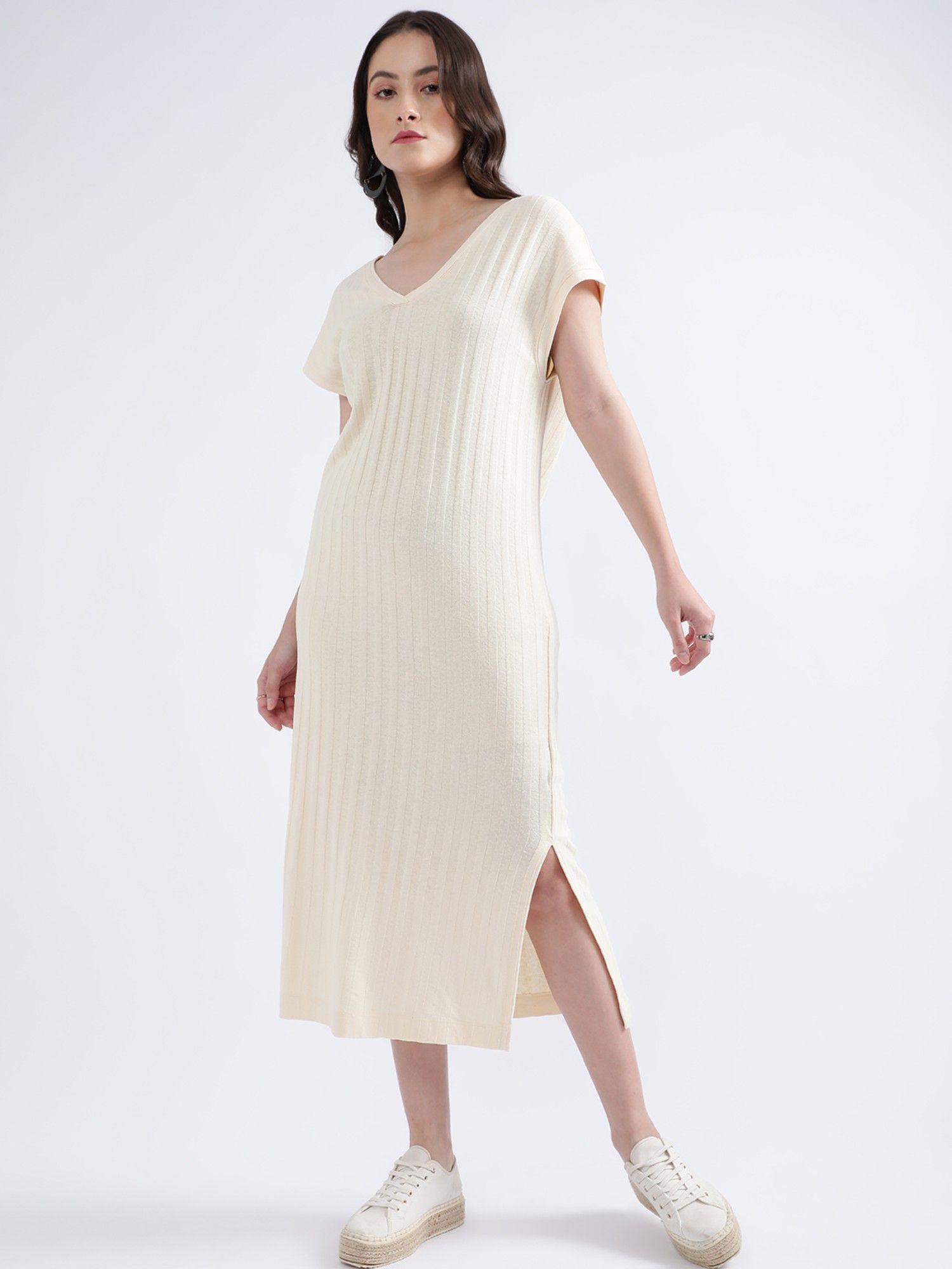 women off white striped v-neck dress