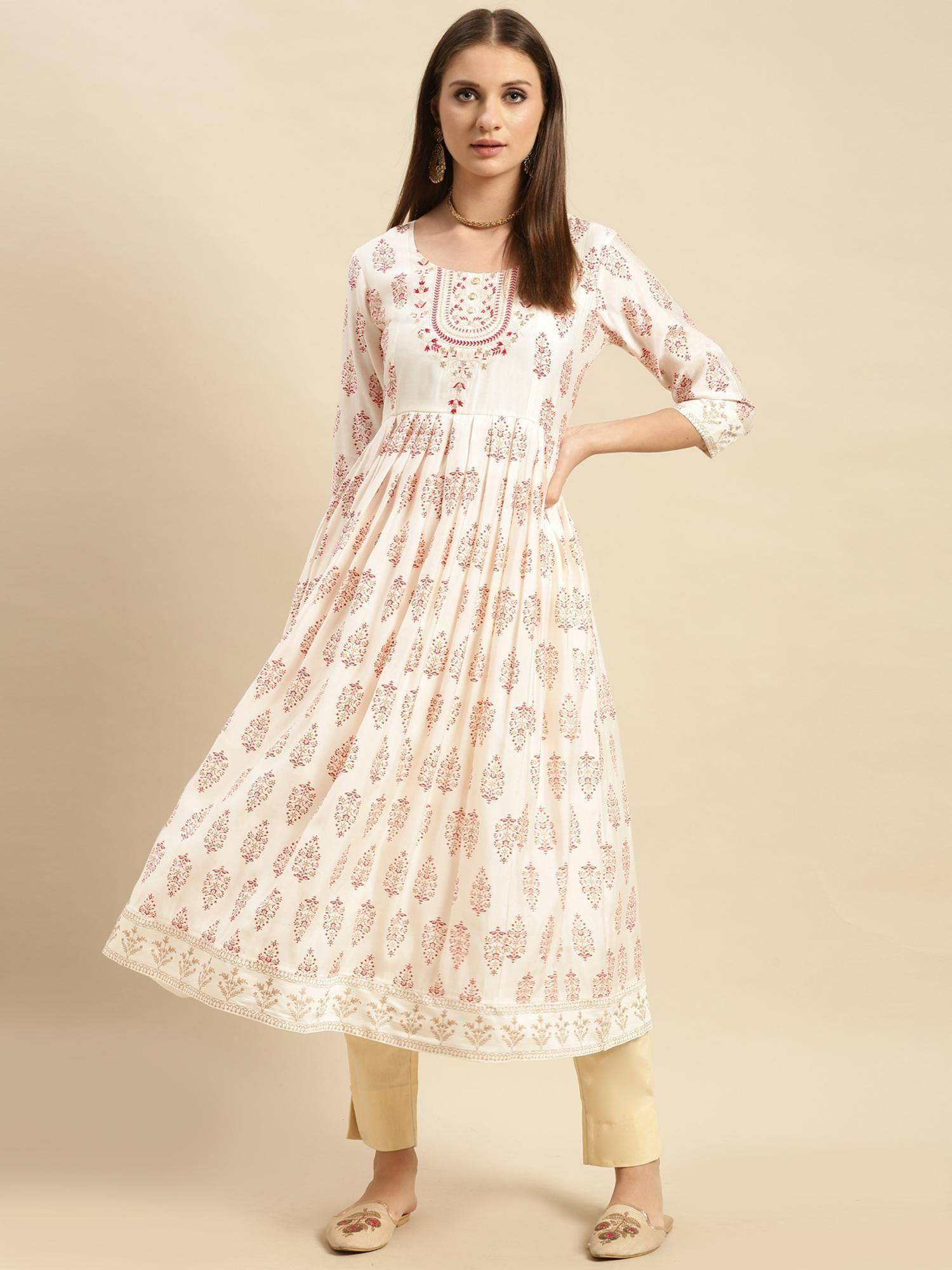 women off white yoke embroidered ethnic print calf length anarkali kurta