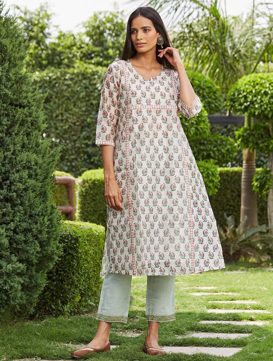 women off white_cream chanderi silk block print scoop neck straight kurta , slip & pants