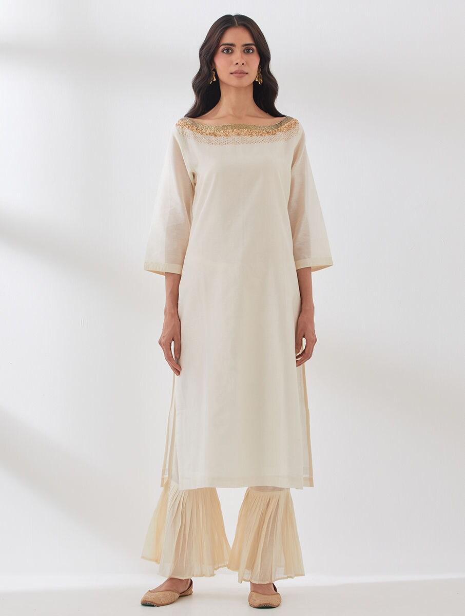 women off white_cream chanderi silk chanderi boat neck straight kurta with sharara