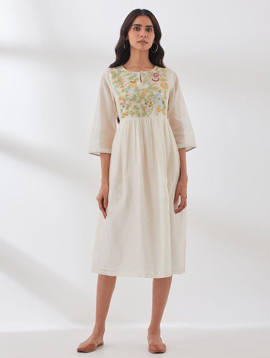 women off white_cream chanderi silk printed round neck loose fit dresses