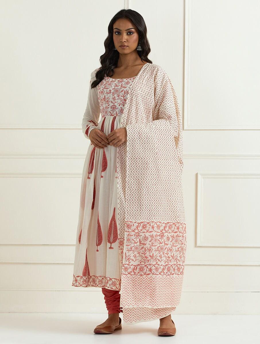 women off white_cream cotton block print scoop neck anarkali kurta , pant & dupatta