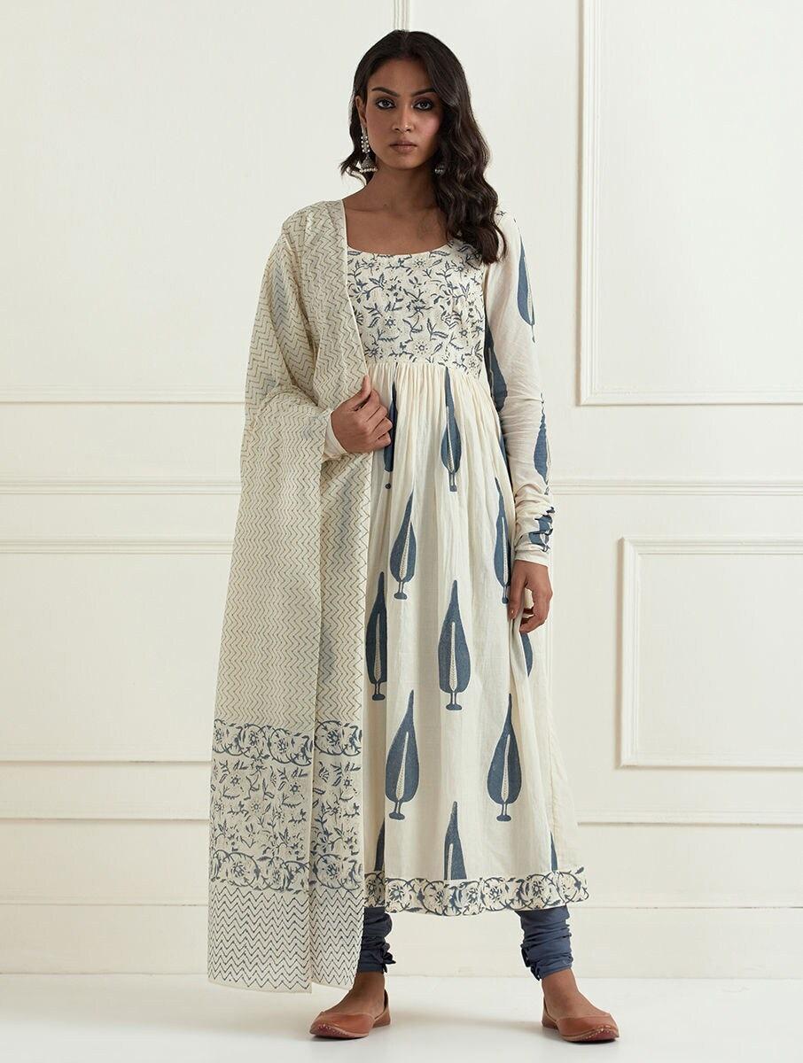 women off white_cream cotton block print scoop neck anarkali kurta , pant & dupatta