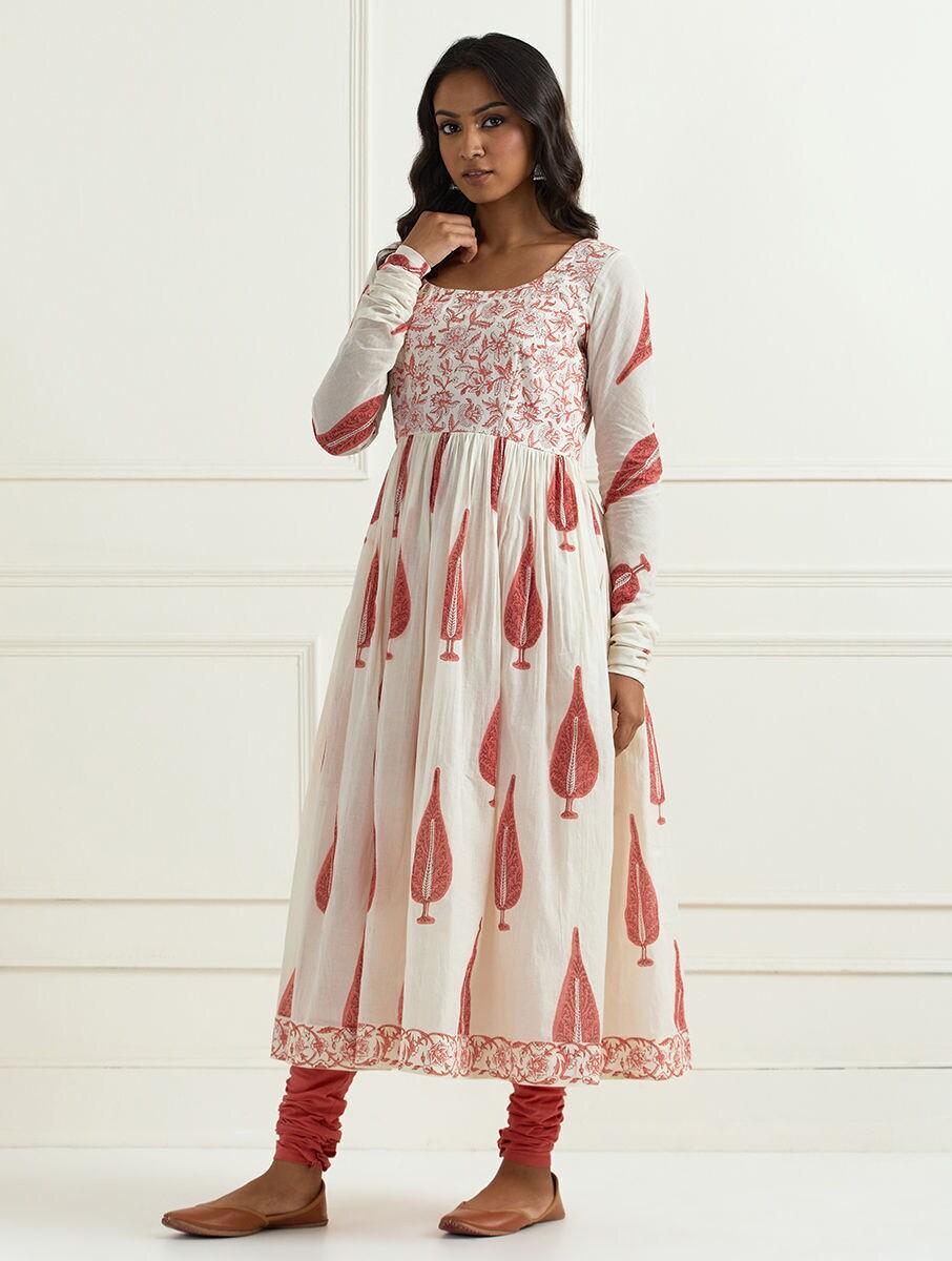 women off white_cream cotton block print scoop neck anarkali regular kurta with pants