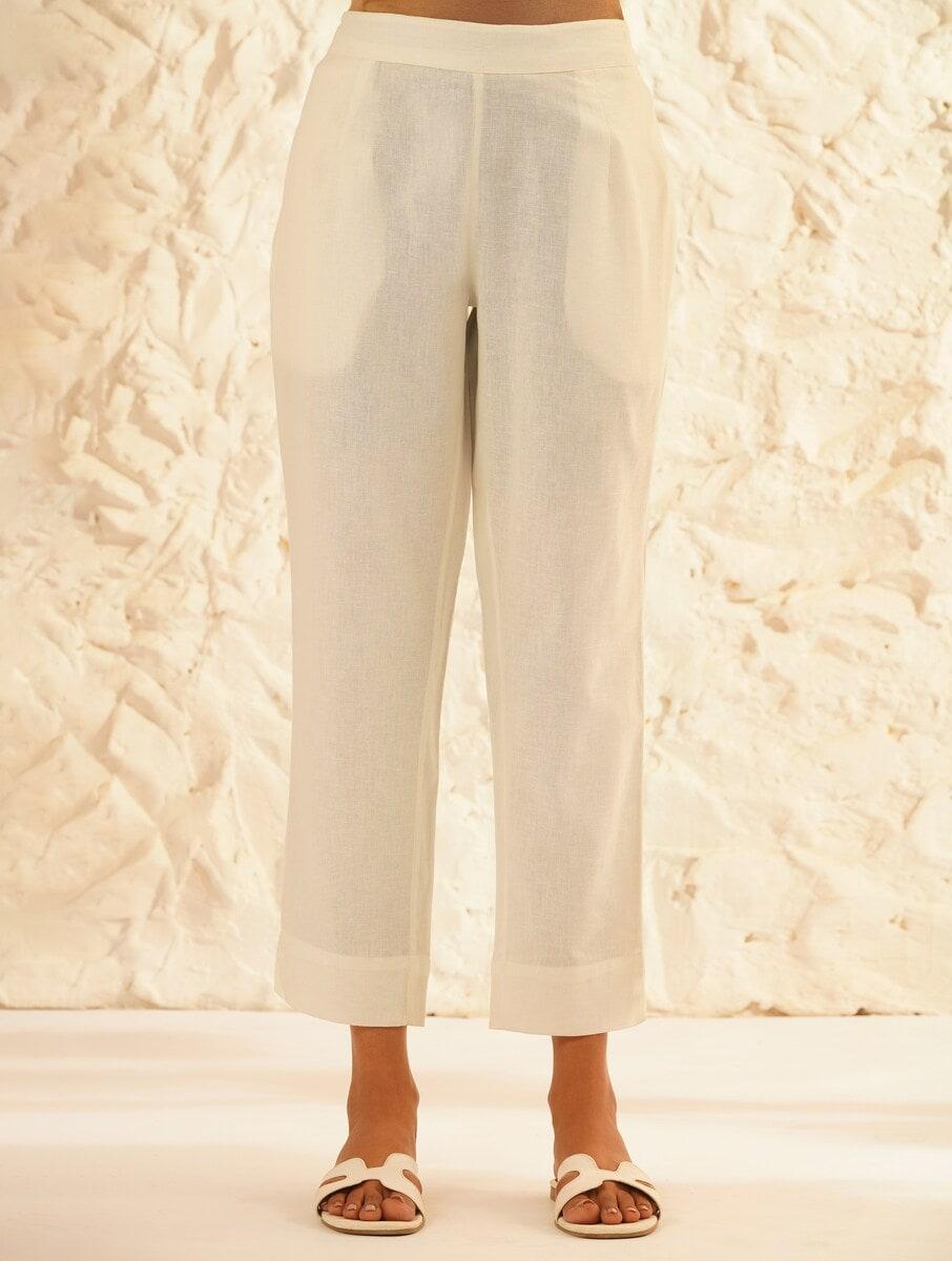 women off white_cream cotton solid ankle length straight fit pants
