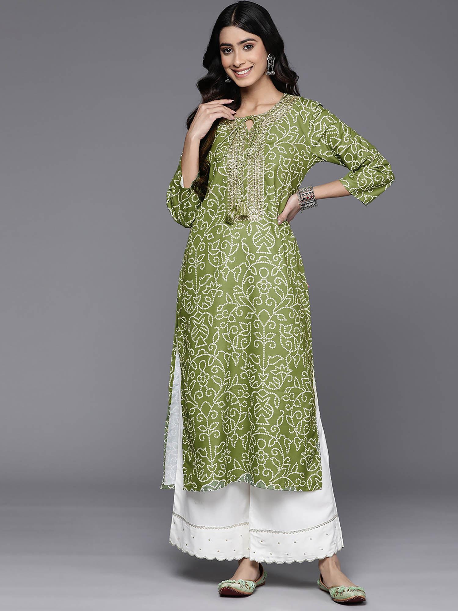 women olive bandhani print gota yoke embroidered kurta