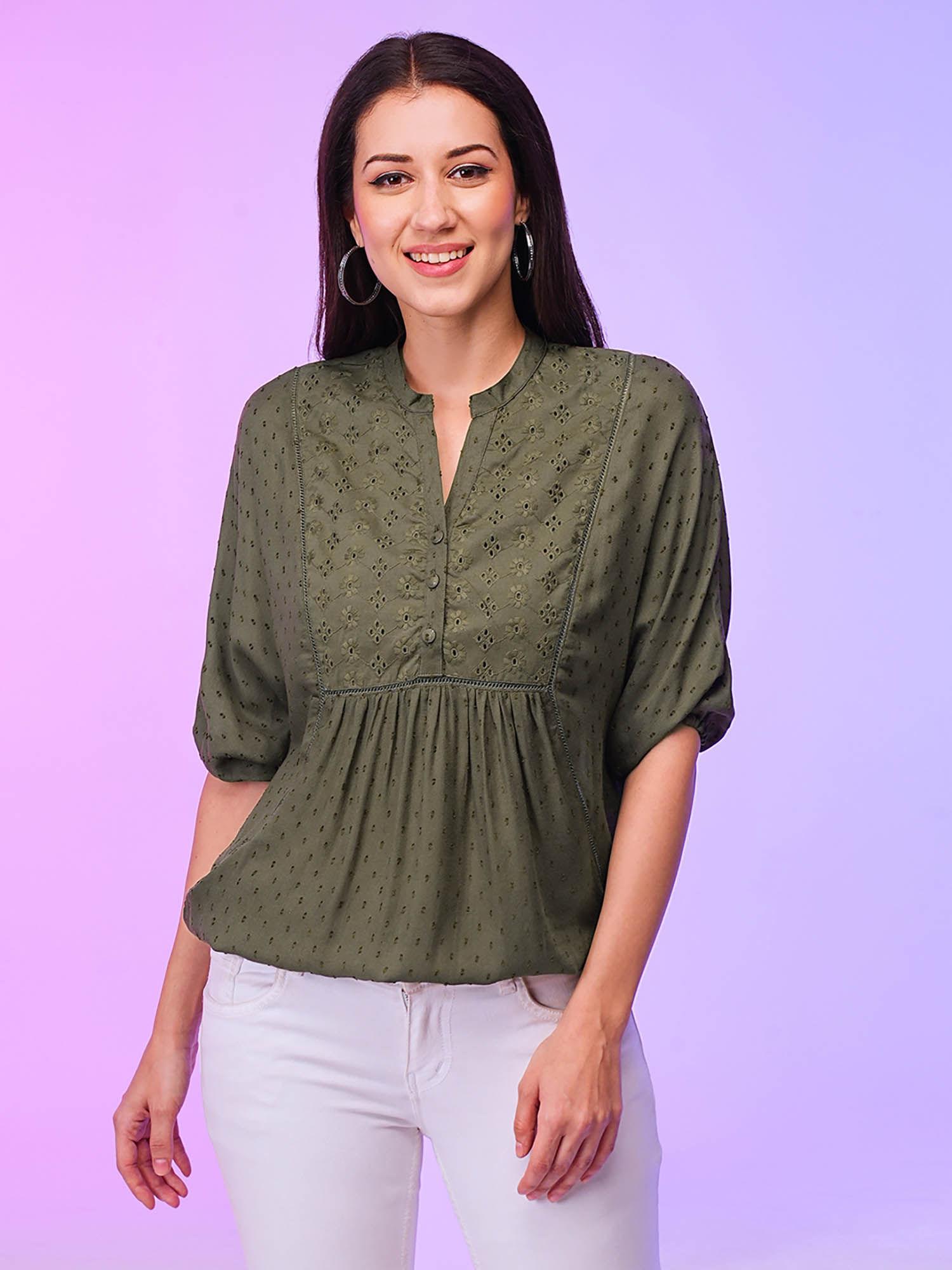 women olive batwing sleeve schiffli summer top