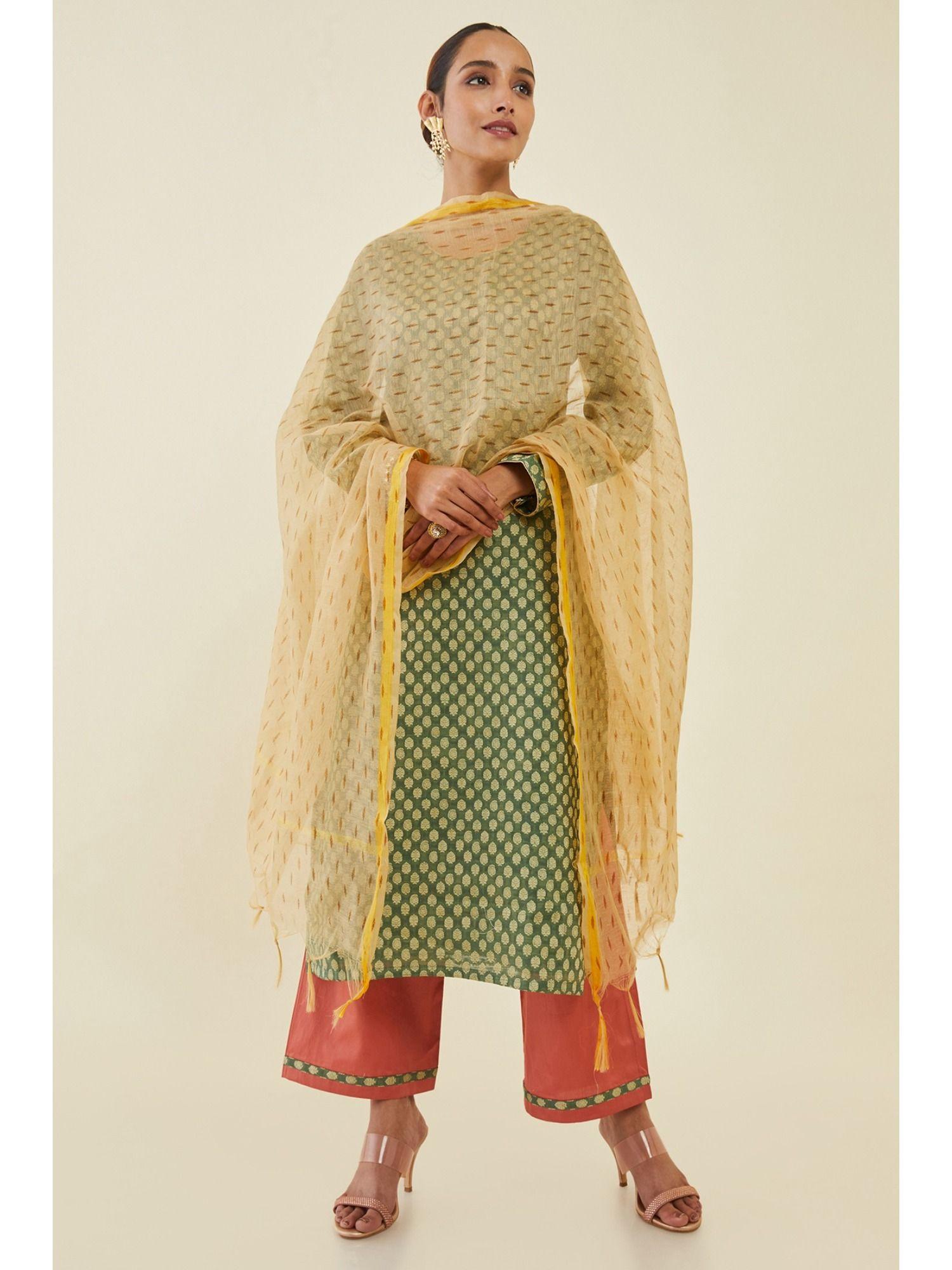 women olive chanderi woven dress material (set of 3)