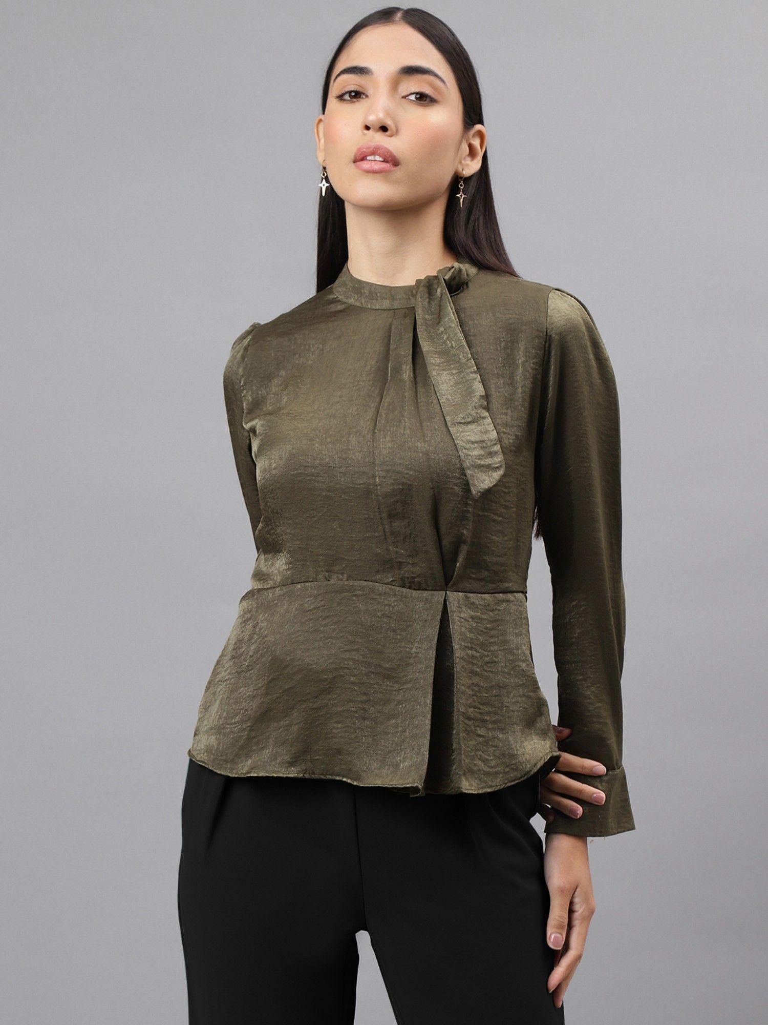 women olive color full sleeve solid top