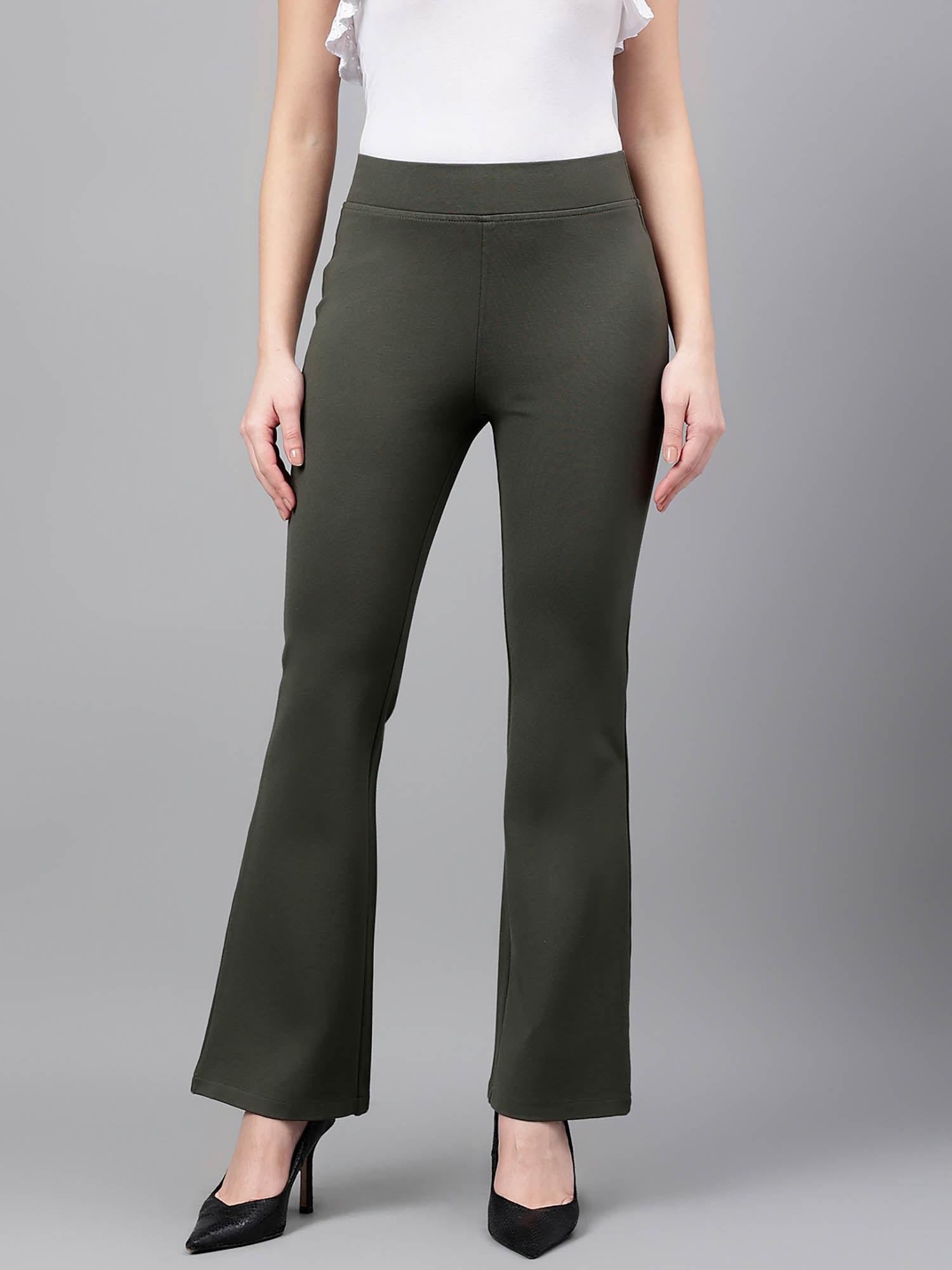 women olive comfort flared high-rise trouser