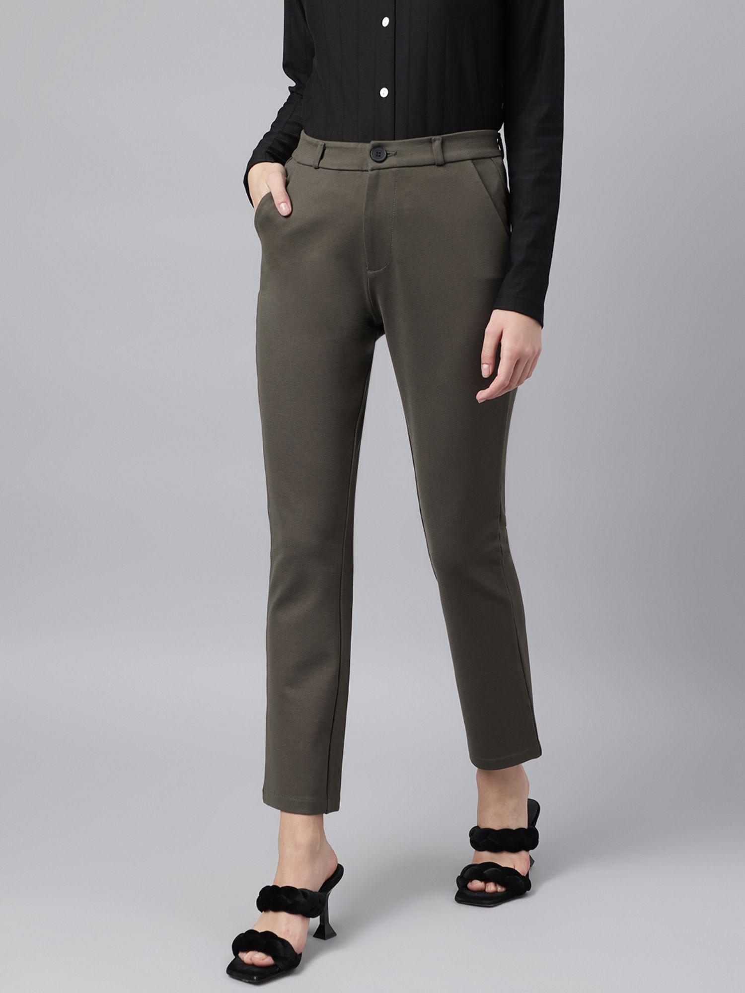 women olive comfort straight slim fit high rise trousers