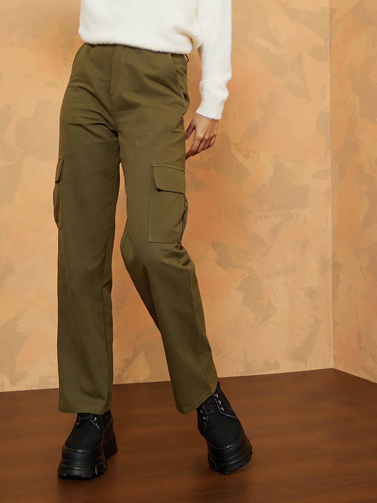 women olive cotton high waist straight leg cargo pants