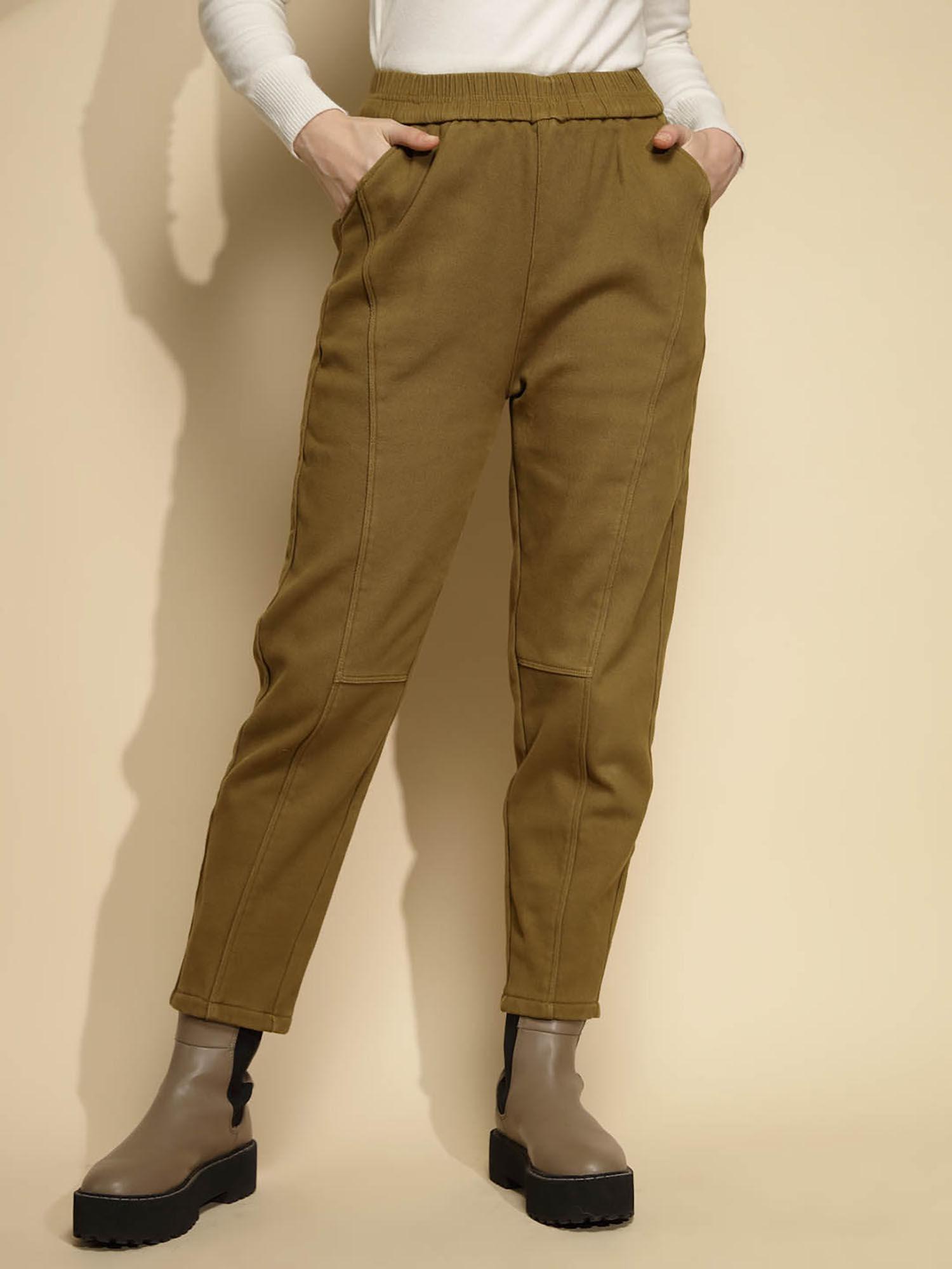 women olive cotton mid rise trouser