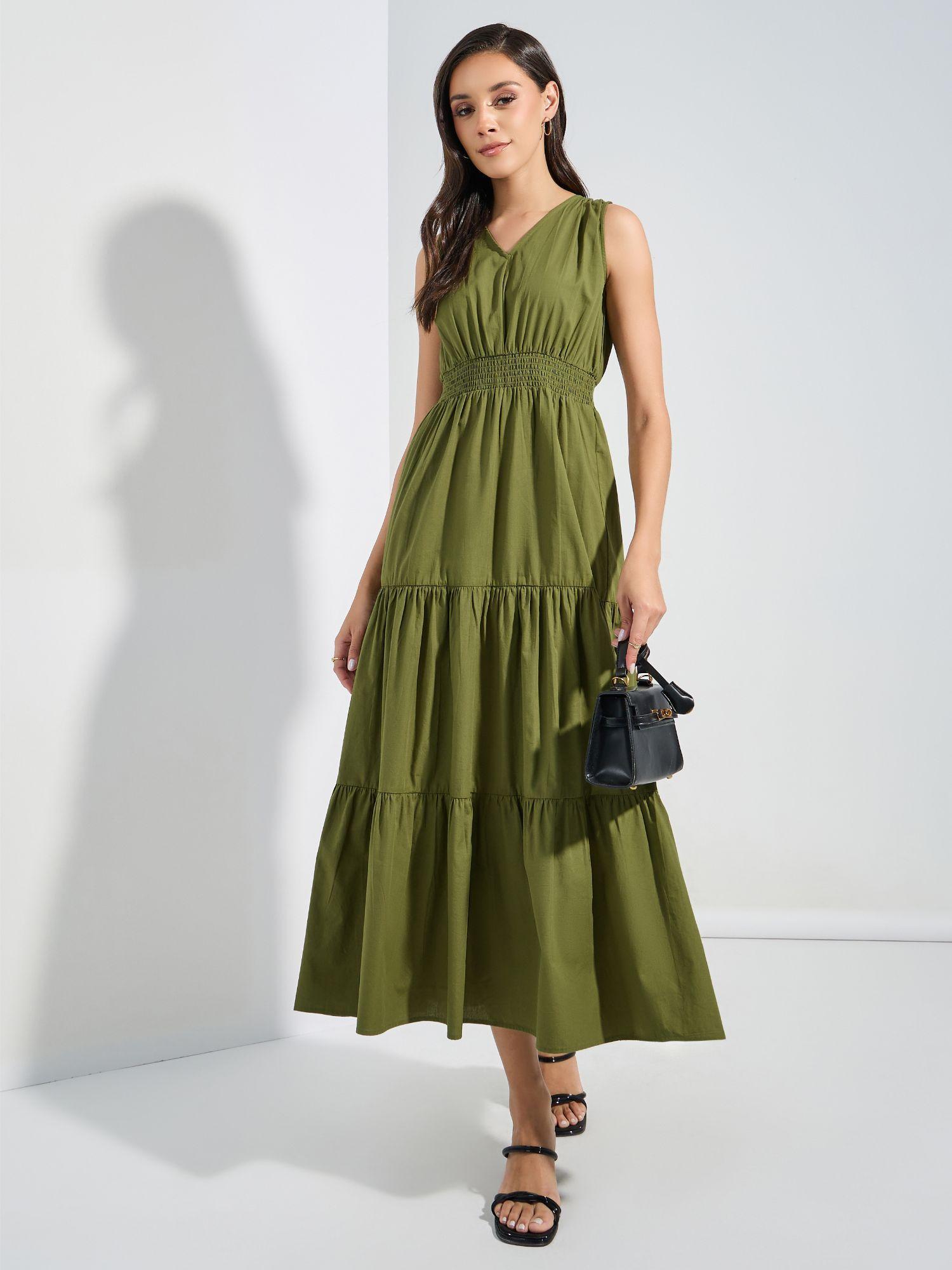 women olive cotton solid v-neck tiered sleeveless midi dress