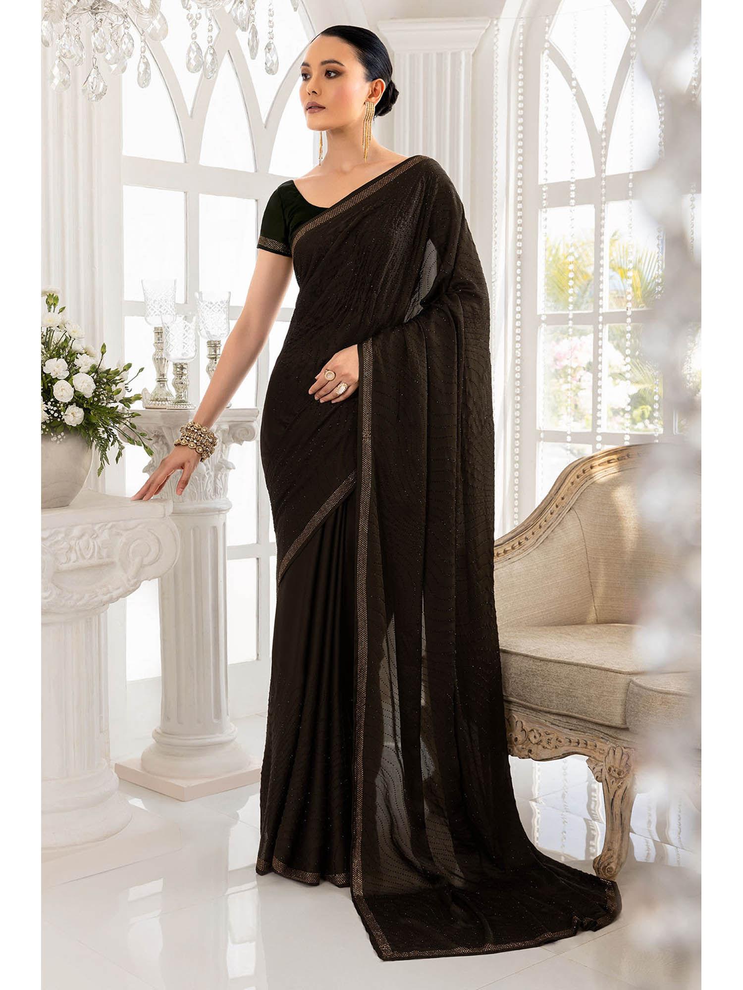 women olive crepe embellished/sequined saree with unstitched blouse