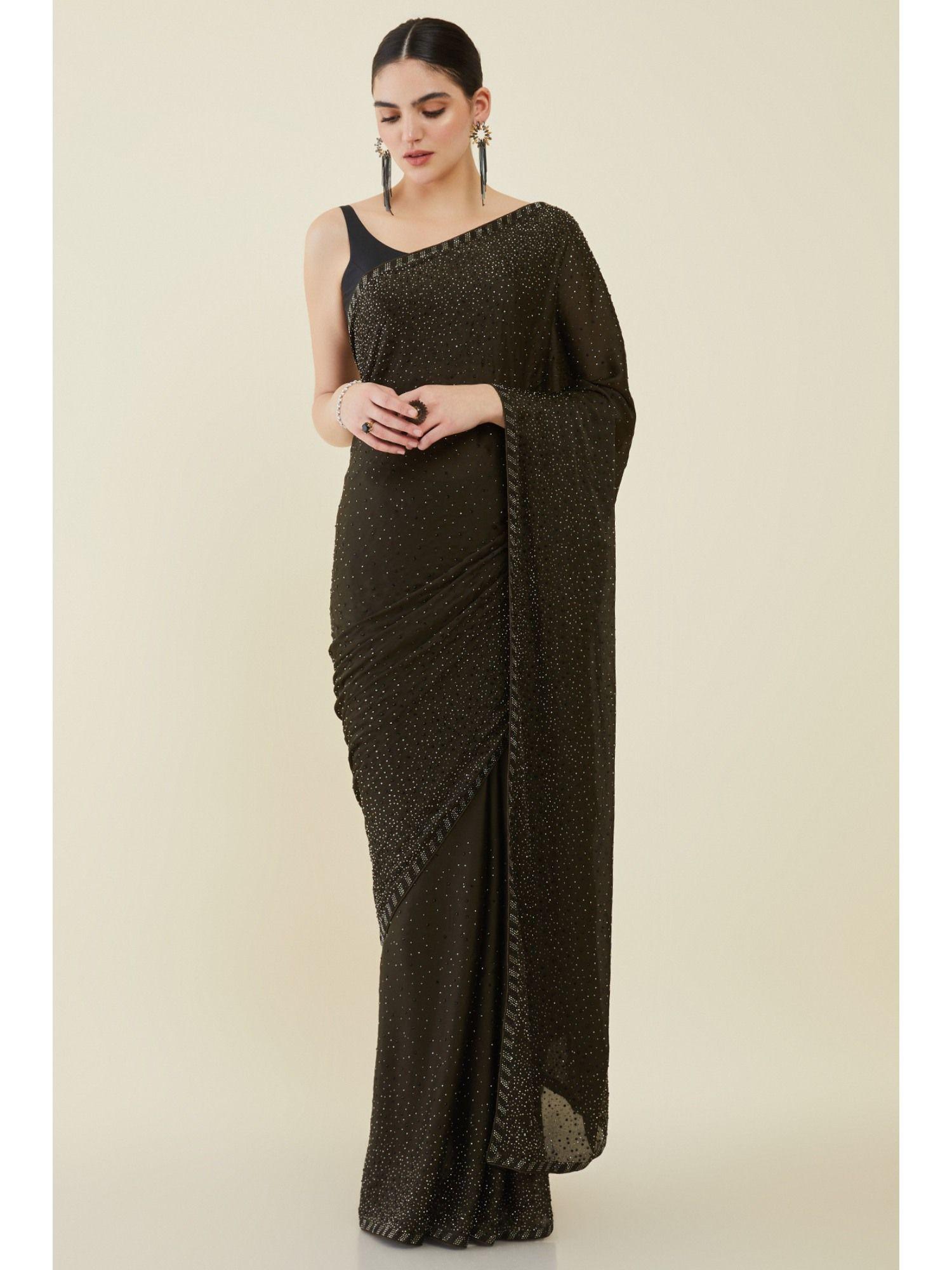 women olive crepe embellished-sequined saree with unstitched blouse