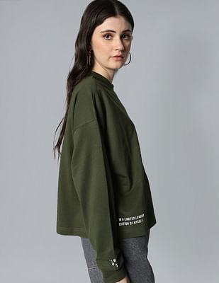 women olive crew neck drop shoulder sweatshirt