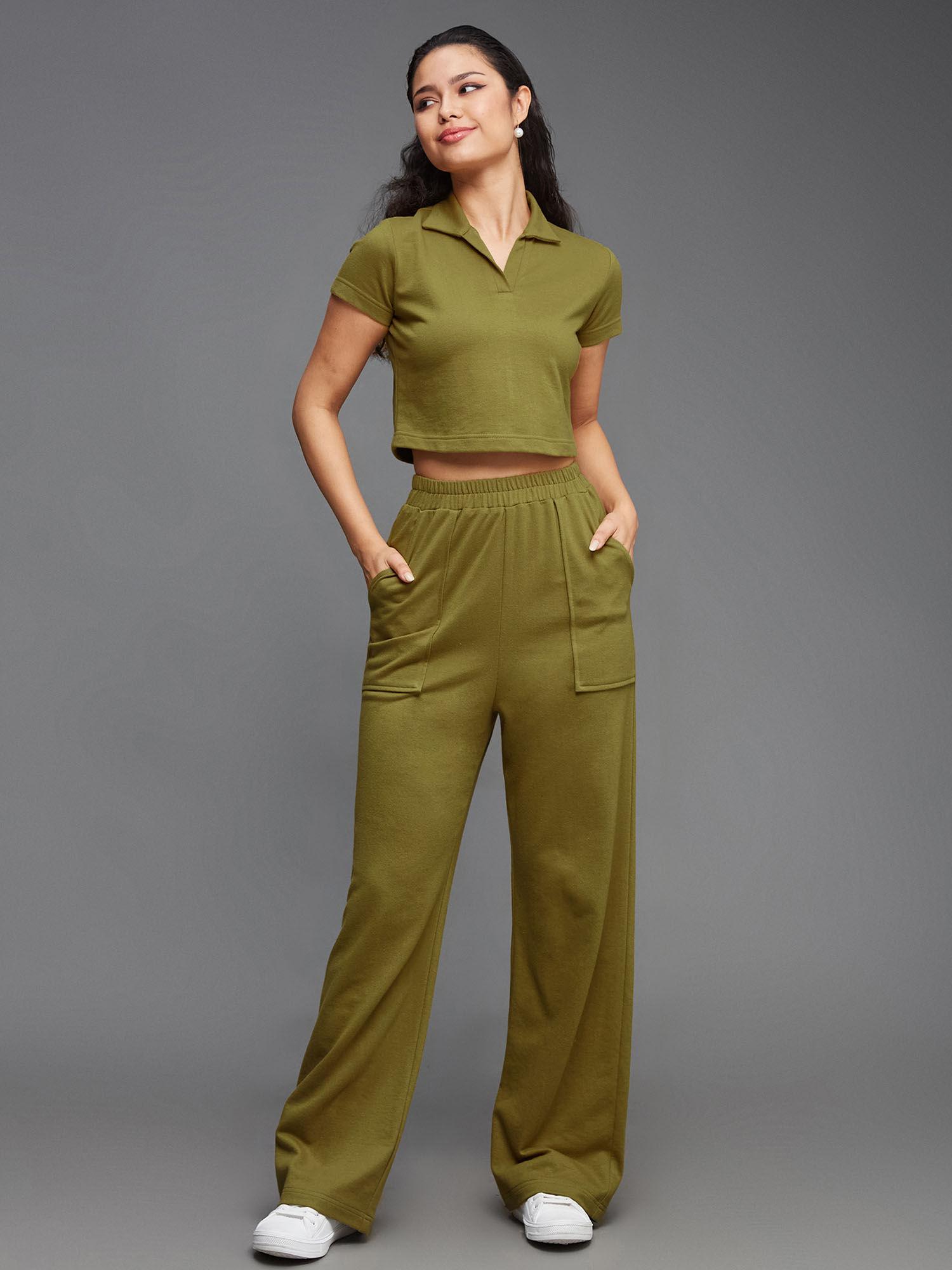 women olive crop top short sleeve cotton with sporty pant co-ord (set of 2)