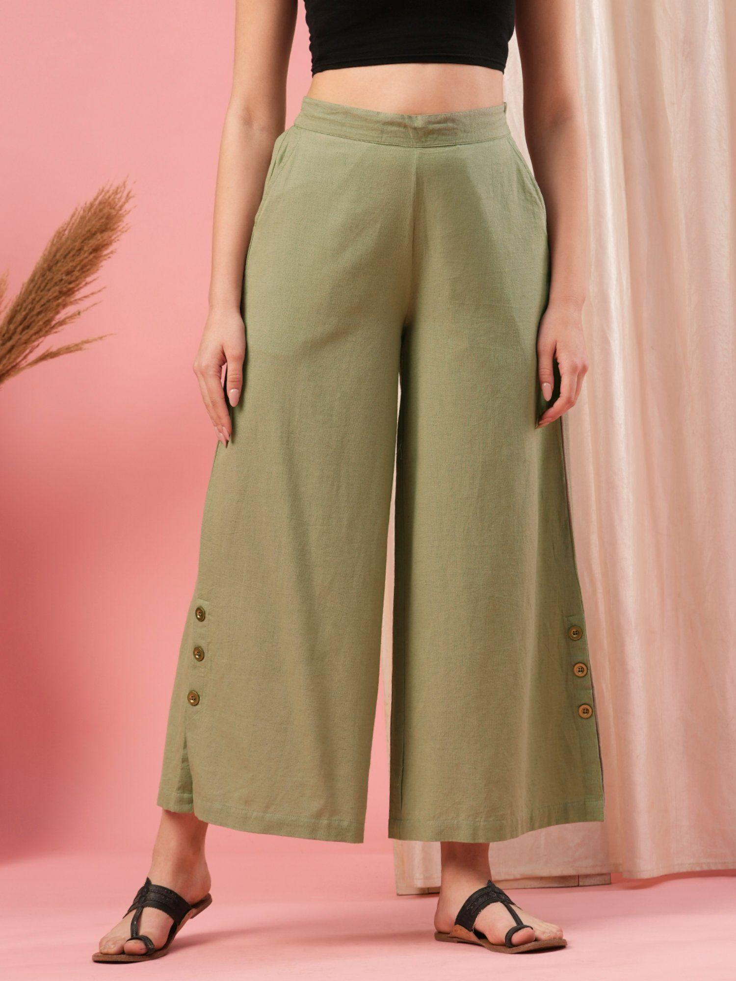 women olive flat front straight ethnic palazzo with button detailing at hem