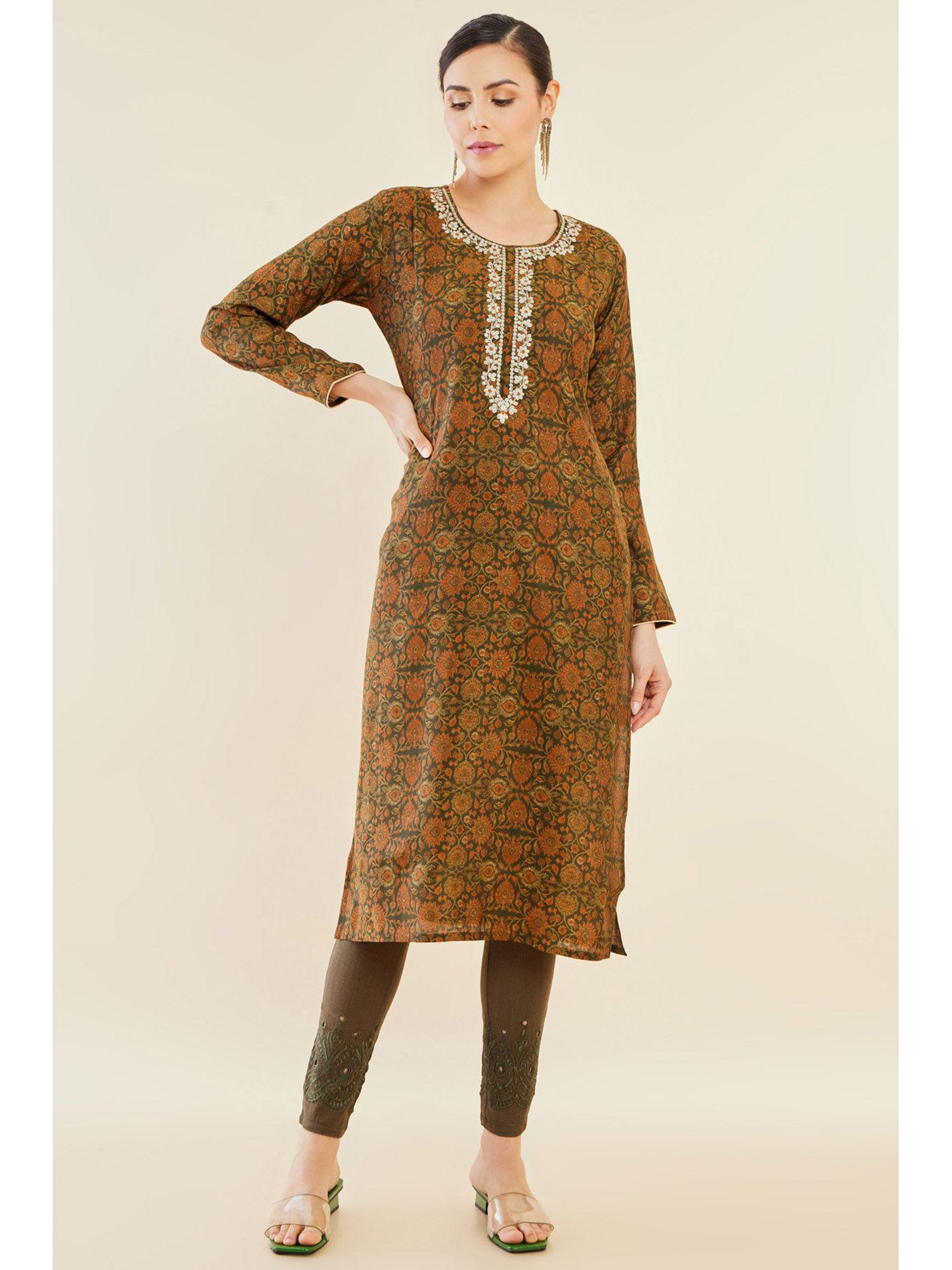 women olive floral printed muslin kurta with floral zari embroidery