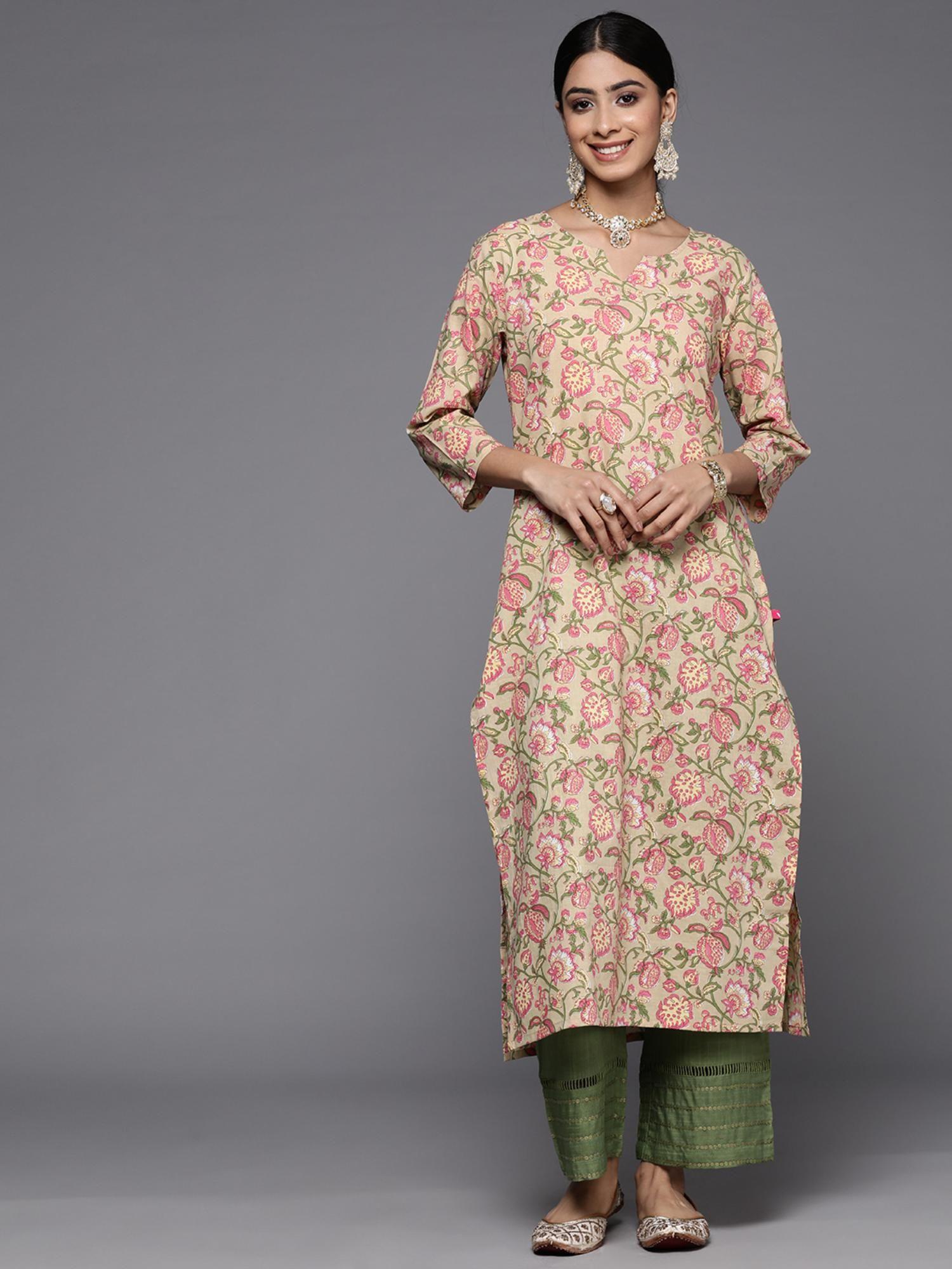 women olive floral printed straight kurta