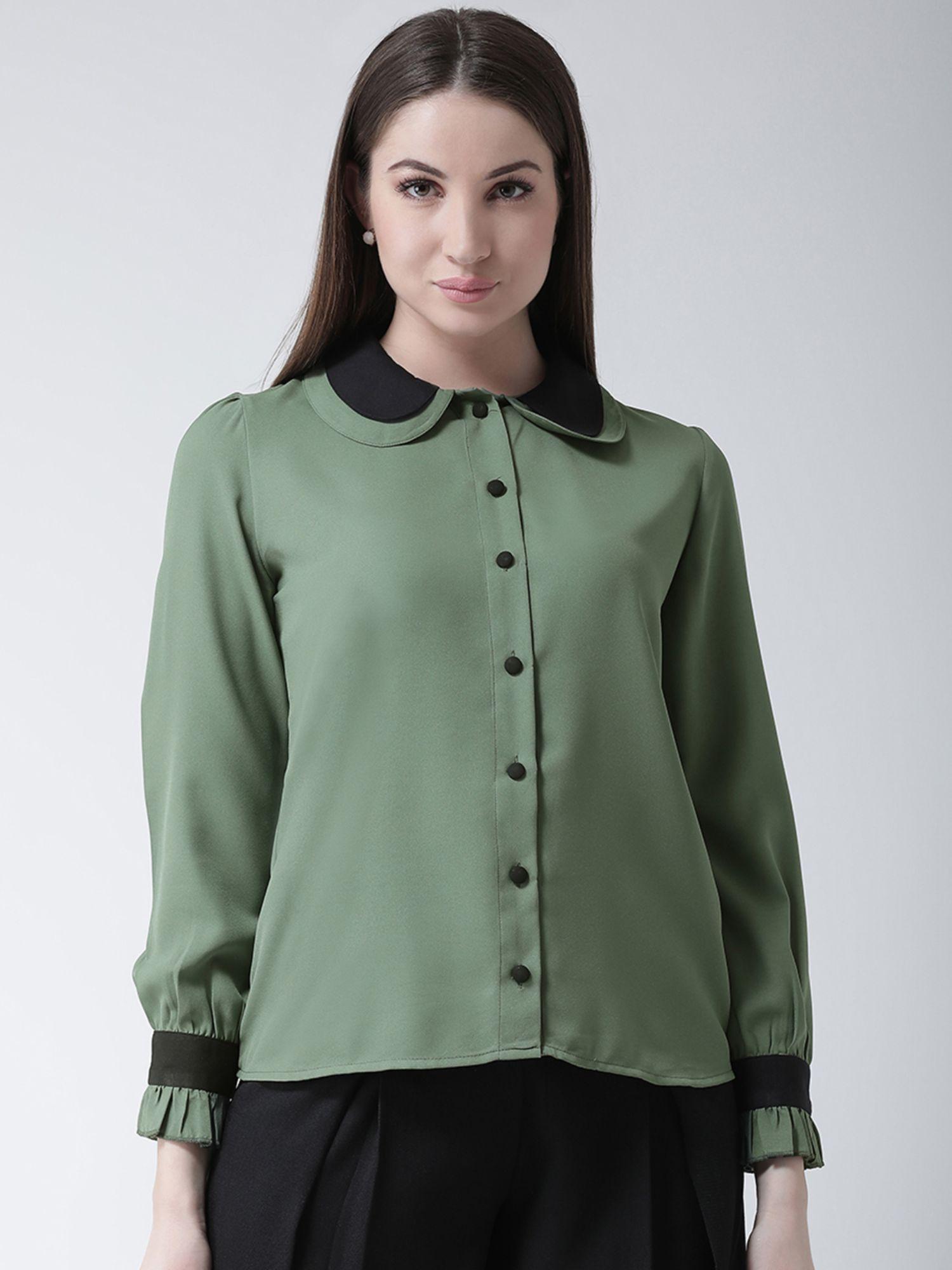 women olive green and black regular fit solid casual shirt