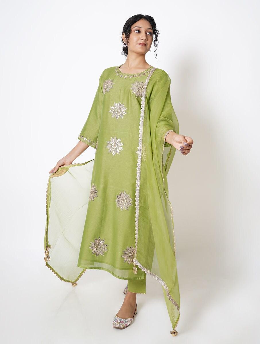 women olive green chanderi silk gota patti round neck straight regular kurta, pants & dupatta