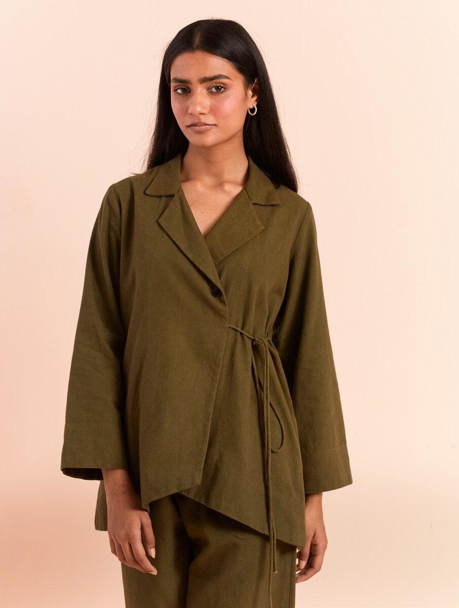 women olive green cotton linen colorblock loose fit tops