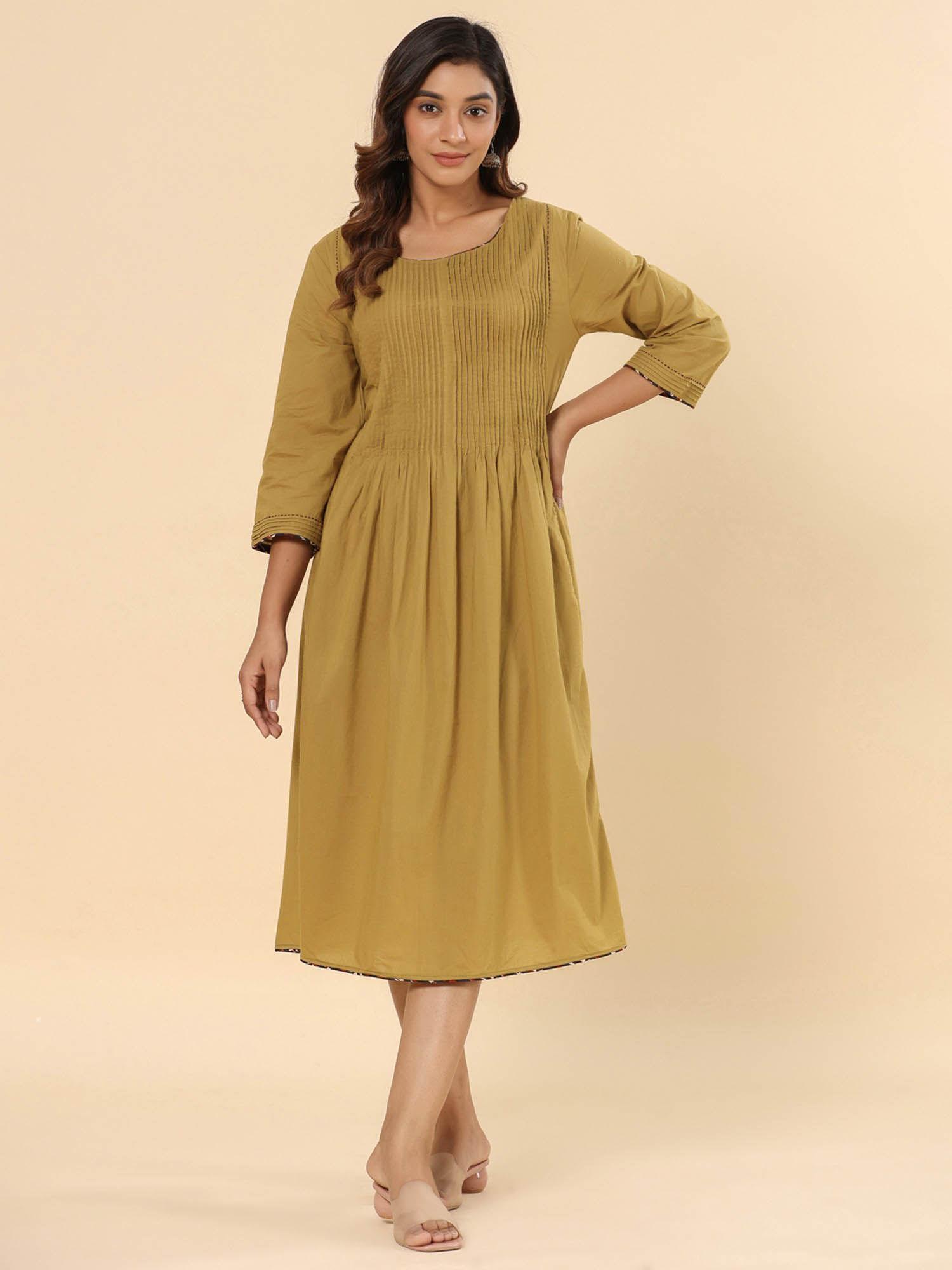 women olive green cotton pintuck designer a-line midi dress